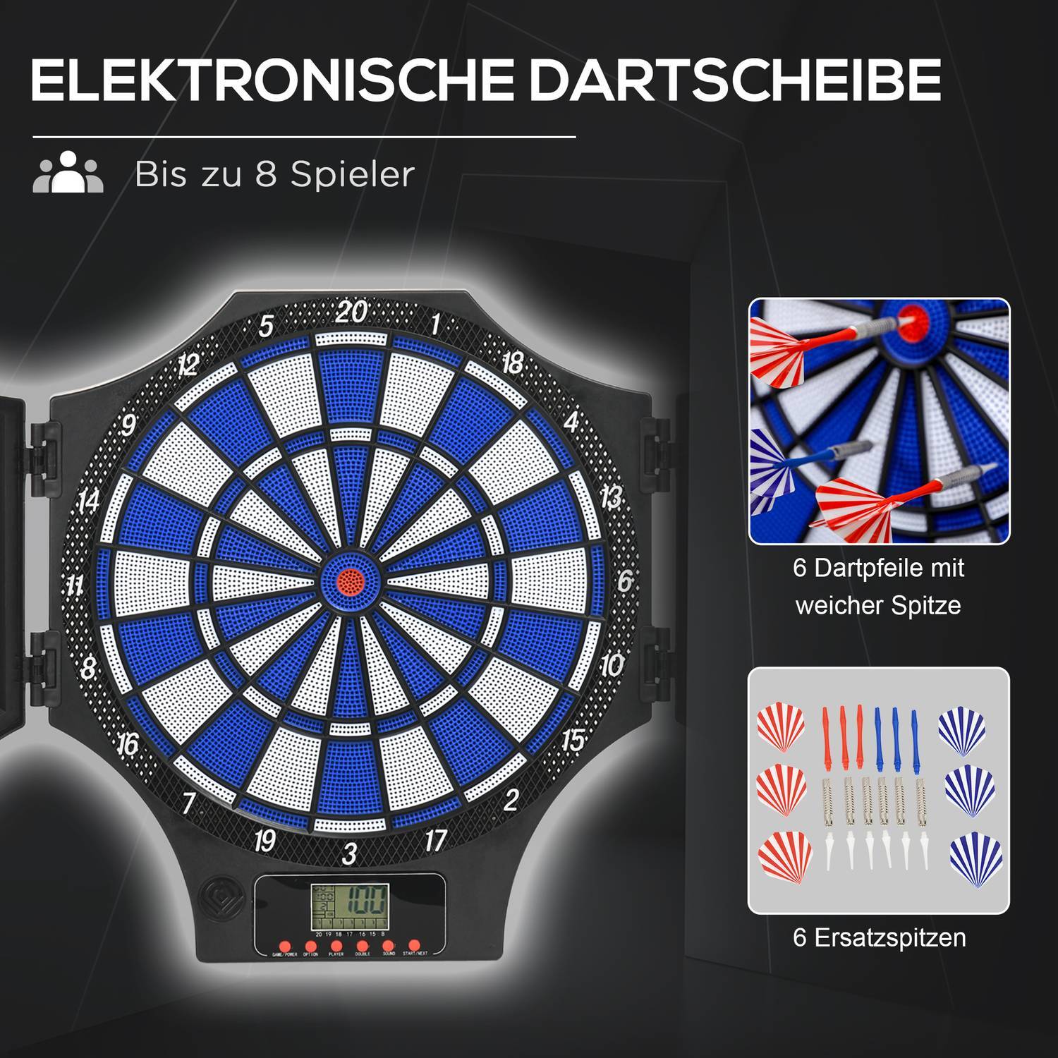 Elektronisk dartskive dartskive med 12 dart, byttespidser, dartmaskine, lcd-skærm, til 8 spillere