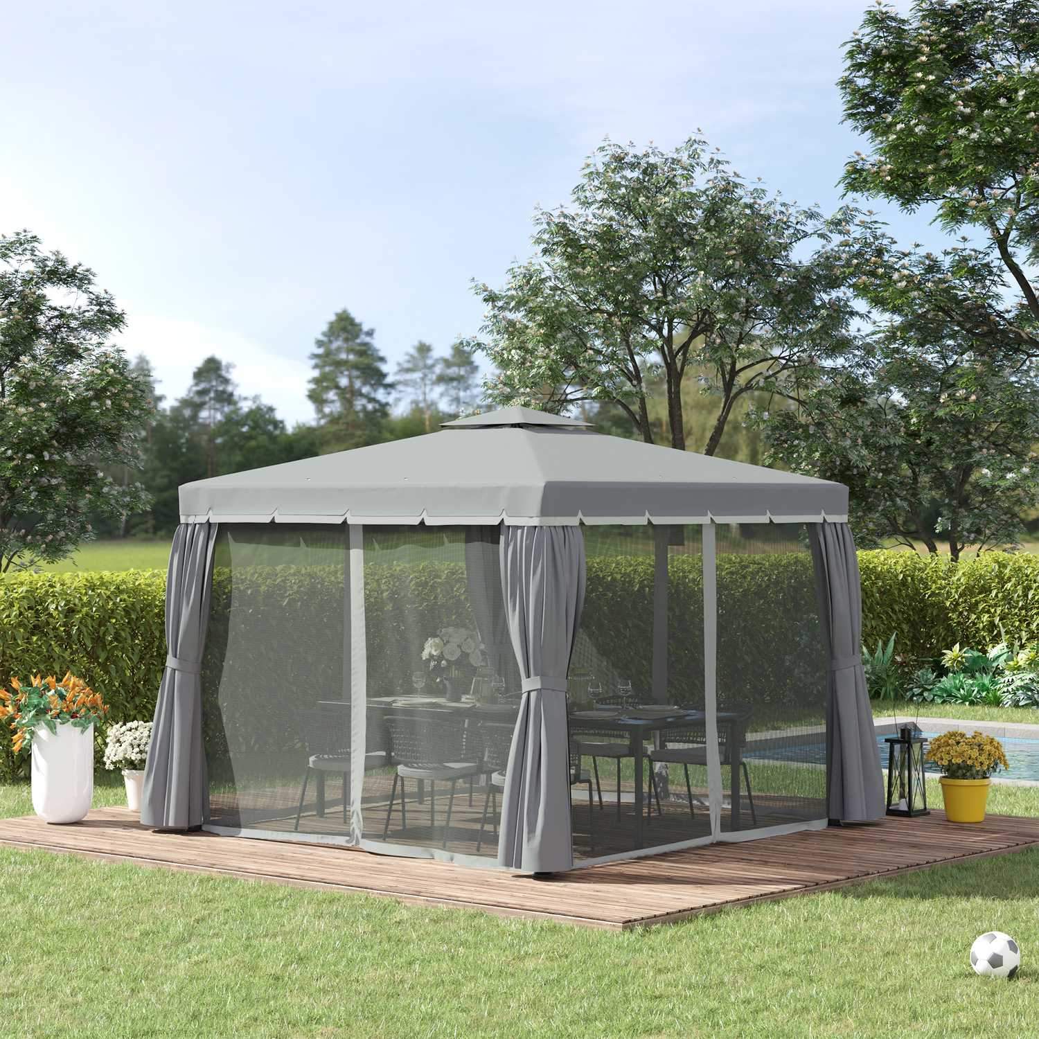 Havepavillon Pavillon 2,96 X 2,96 M Havetelt Med Dobbelttag Festtelt Med 4 X Sidepaneler Myggenet Aluminium Polyester