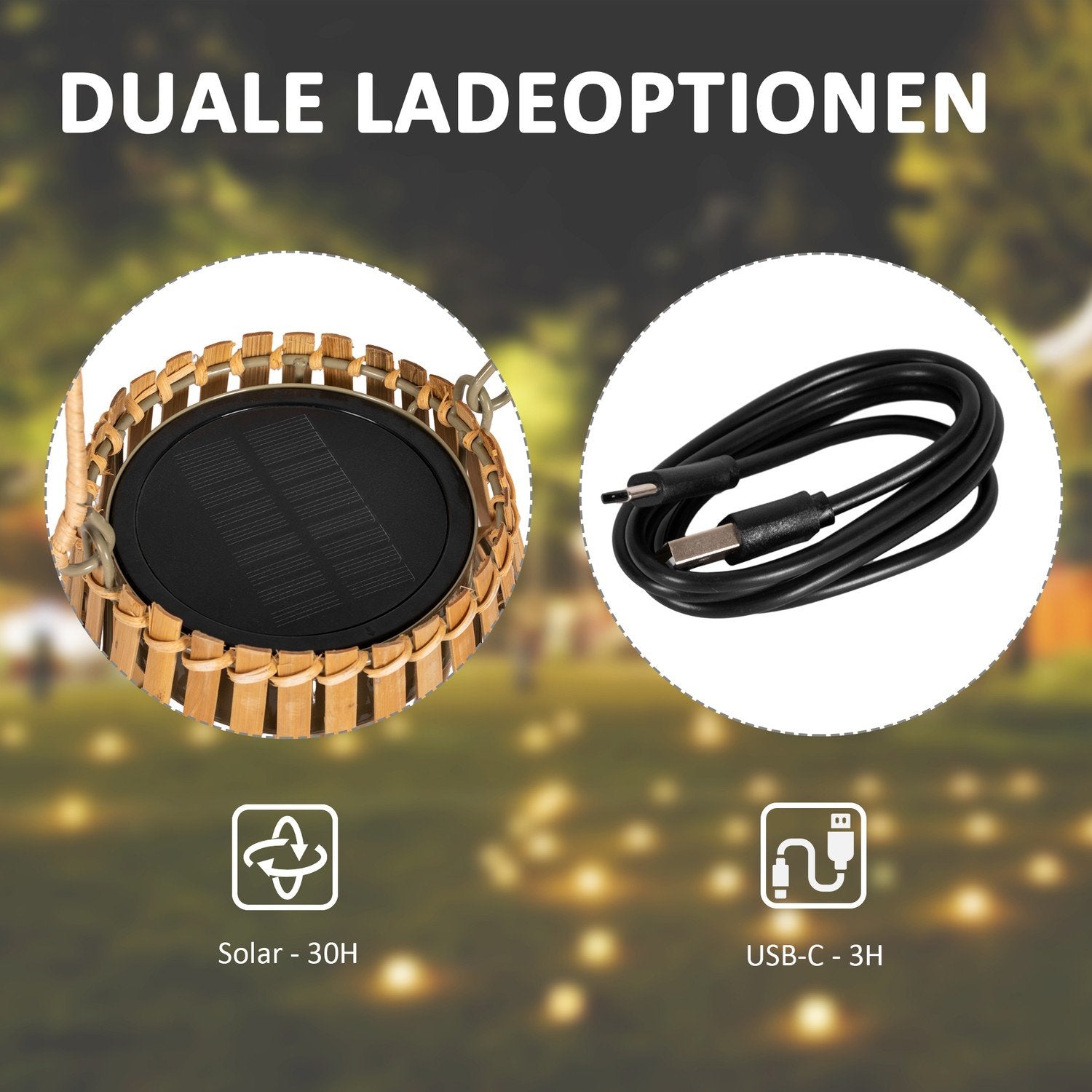 Solar Garden Lamp Usb Uppladdningsbar, 3 Ljusa Färger, Med Handtag & Bambuskärm, Naturlig, Ip44