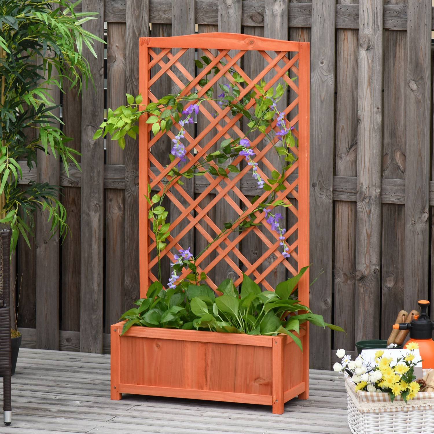 Plantekasse blomsterstativ med espalier, træ, gul, 60x30x122,5 cm