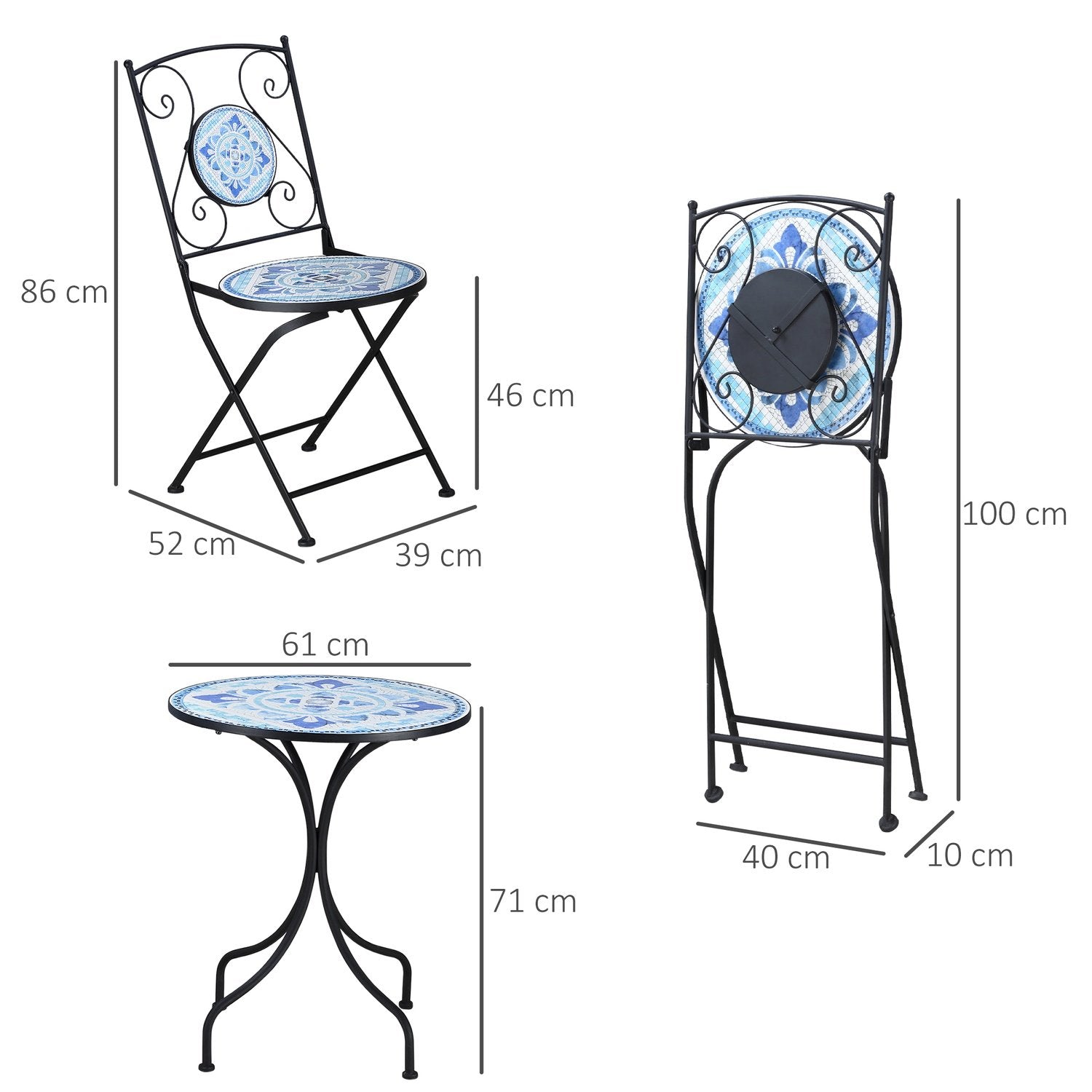 Ø 61 Cm Havesiddegruppe Til 2 Personer Bistro Sæt 1 Bord + 2 Klapstole Stål Blå