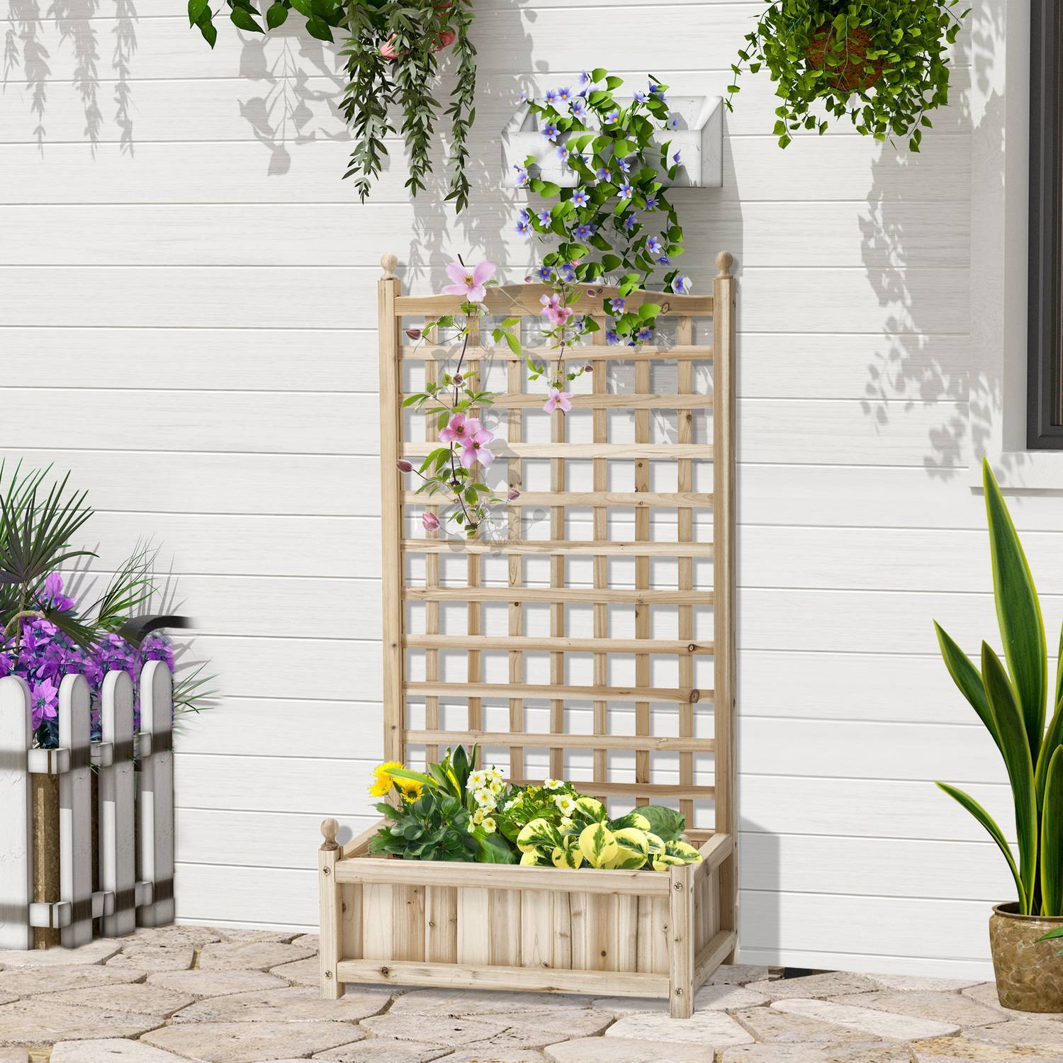 Plantekasse med espalier, blomsterkasse til klatreplanter, træ, natur, 64X28X120Cm