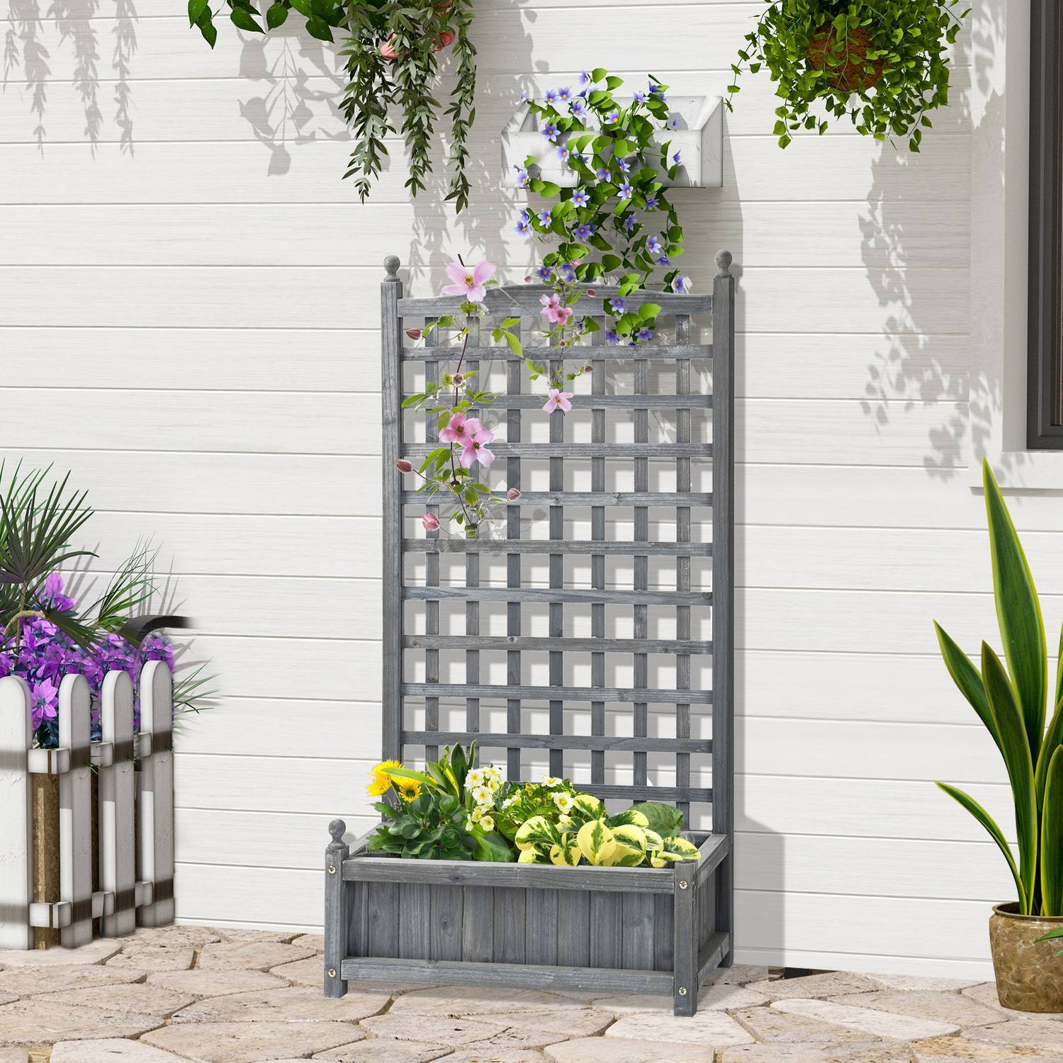 Plantekasse med espalier, blomsterkasse til klatreplanter, træ, lysegrå, 64X28X120Cm