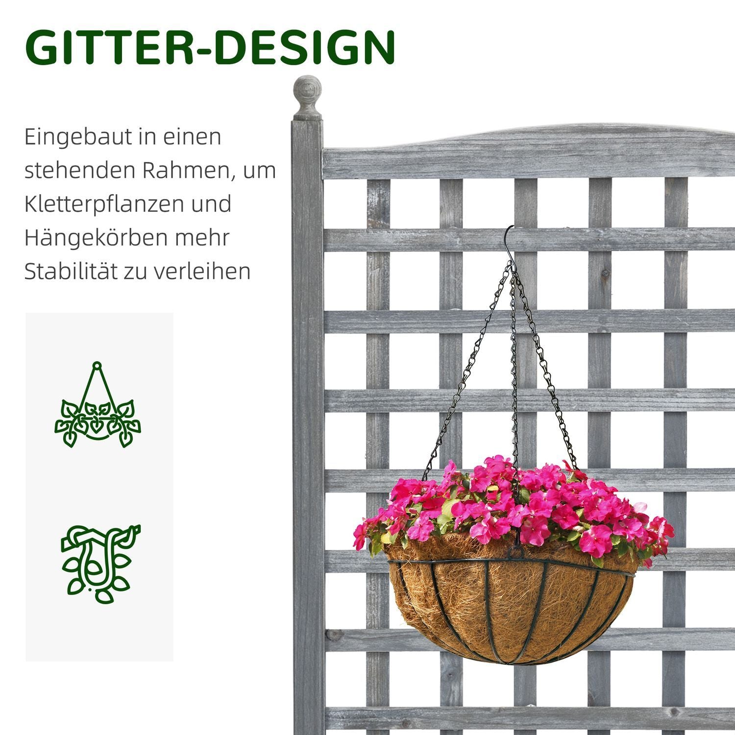 Plantekasse med espalier, blomsterkasse til klatreplanter, træ, lysegrå, 64X28X120Cm