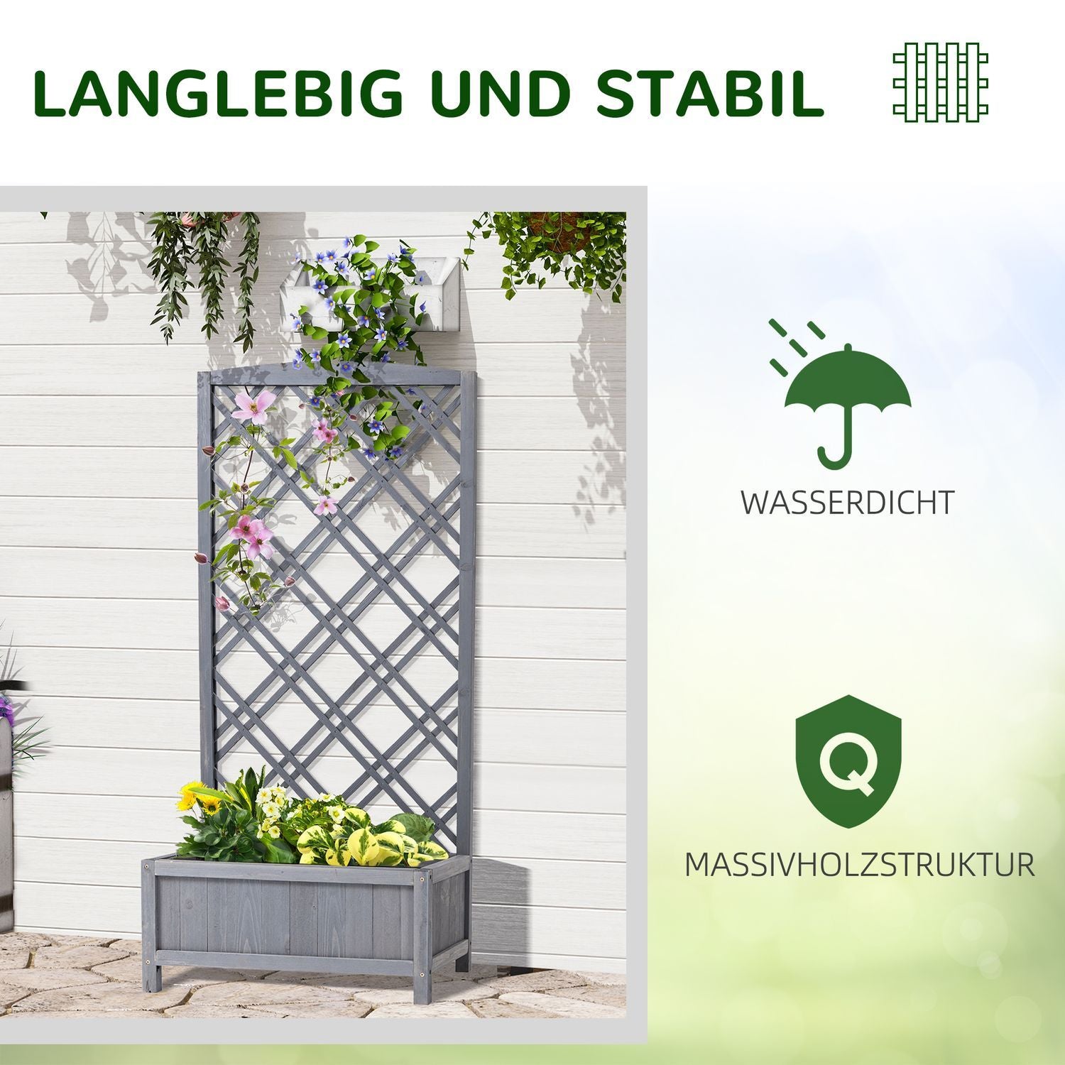 Plantekasse med espalier, blomsterkasse til klatreplanter, træ, lysegrå, 64X28X120Cm