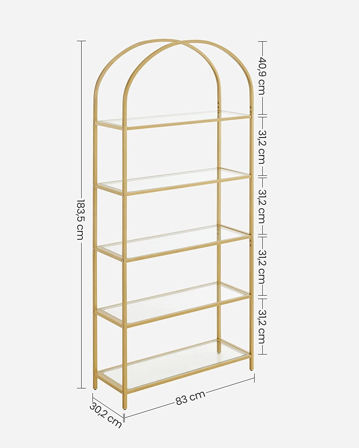 Elegant udstillingshylde i guldstål og glas