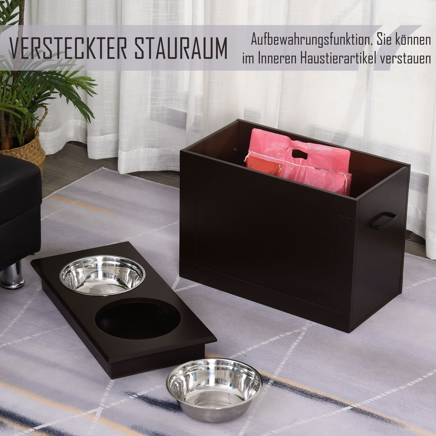 Hundemadsskål med opbevaringsplads 2 skåle foderstation Rustfri skål Katteskål Mdf Rustfri Espresso 60 X 30 X 41 Cm