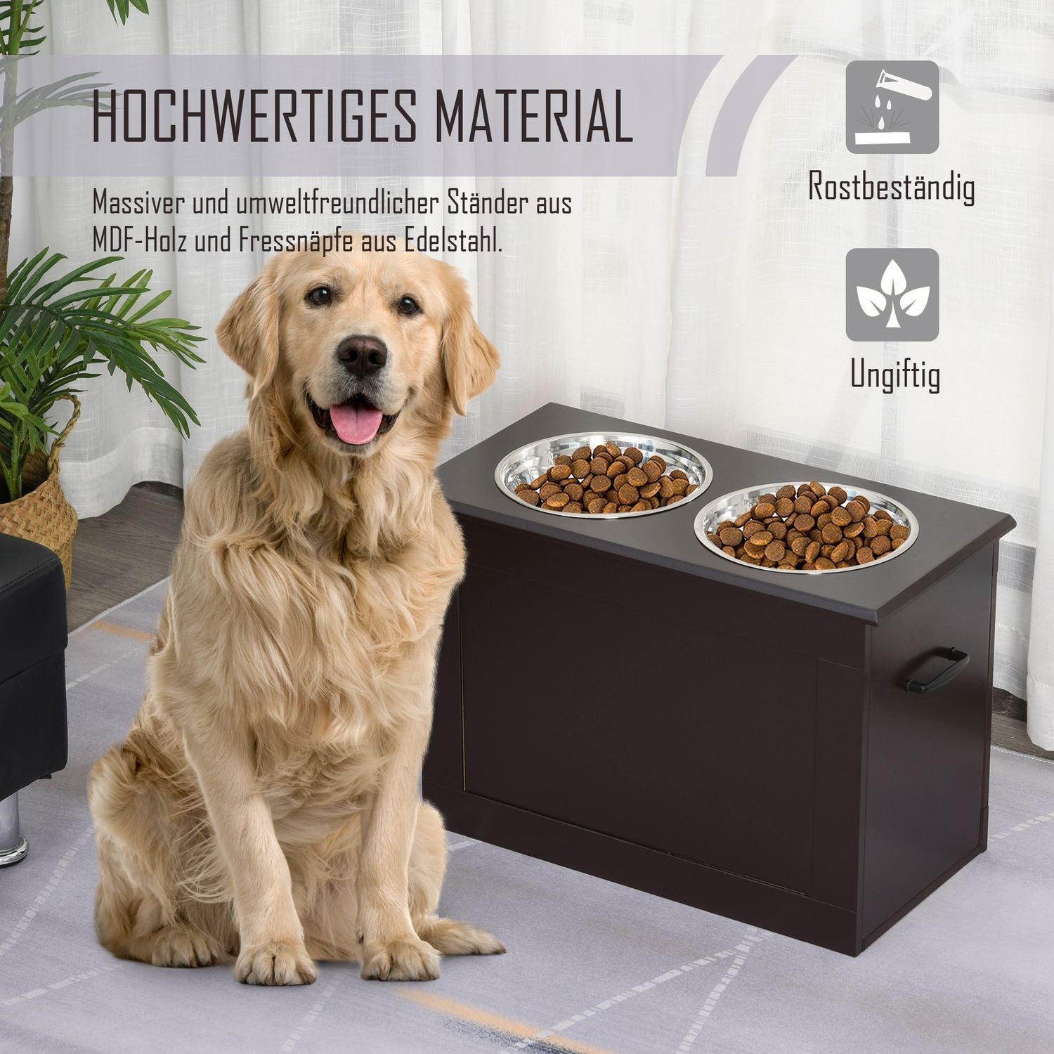 Hundemadsskål med opbevaringsplads 2 skåle foderstation Rustfri skål Katteskål Mdf Rustfri Espresso 60 X 30 X 41 Cm