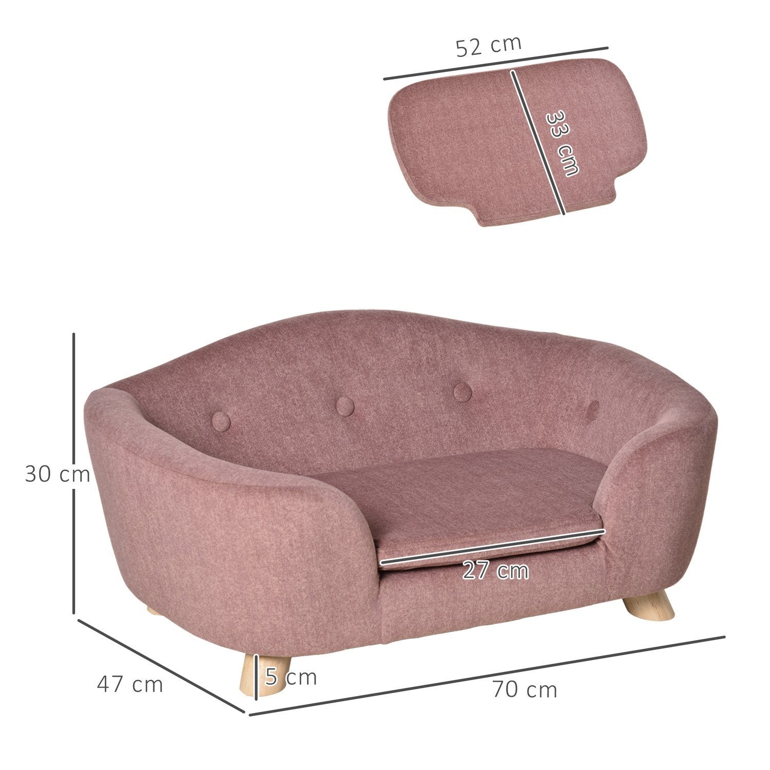 Hundeseng Hundesofa Hundesofa Hundemåtte Med pude Baglomme Plysskum Fyrretræ Pink 70 X 47 X 30 Cm