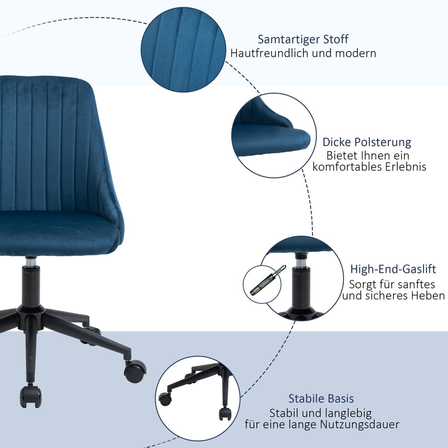 Kontorstol Drejestol Skrivebordsstol Ergonomisk linjedesign Højdejusterbar 360° Roterbar fløjl Glat polyesterblå 50 X 58 X 77-85 Cm