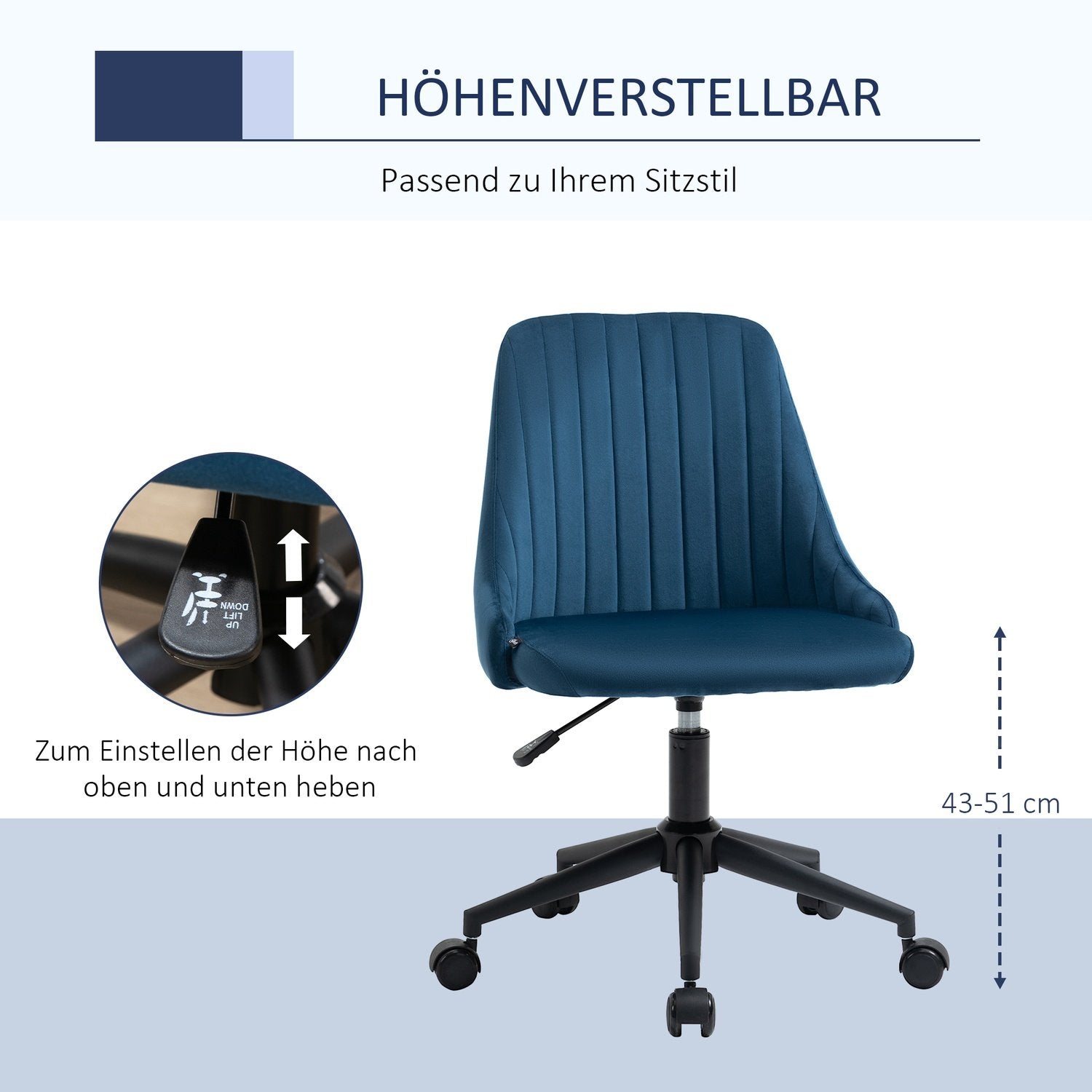 Kontorstol Drejestol Skrivebordsstol Ergonomisk linjedesign Højdejusterbar 360° Roterbar fløjl Glat polyesterblå 50 X 58 X 77-85 Cm