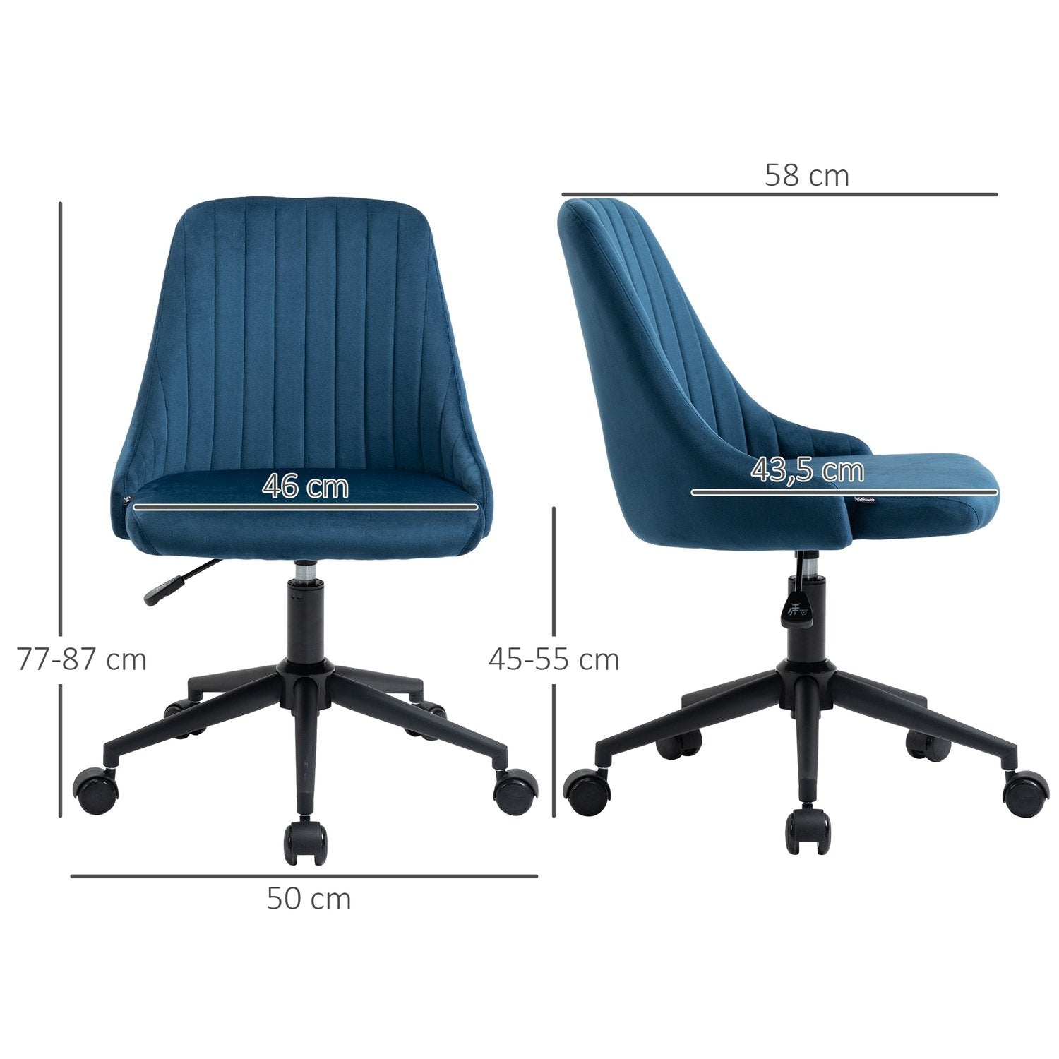 Kontorstol Drejestol Skrivebordsstol Ergonomisk linjedesign Højdejusterbar 360° Roterbar fløjl Glat polyesterblå 50 X 58 X 77-85 Cm