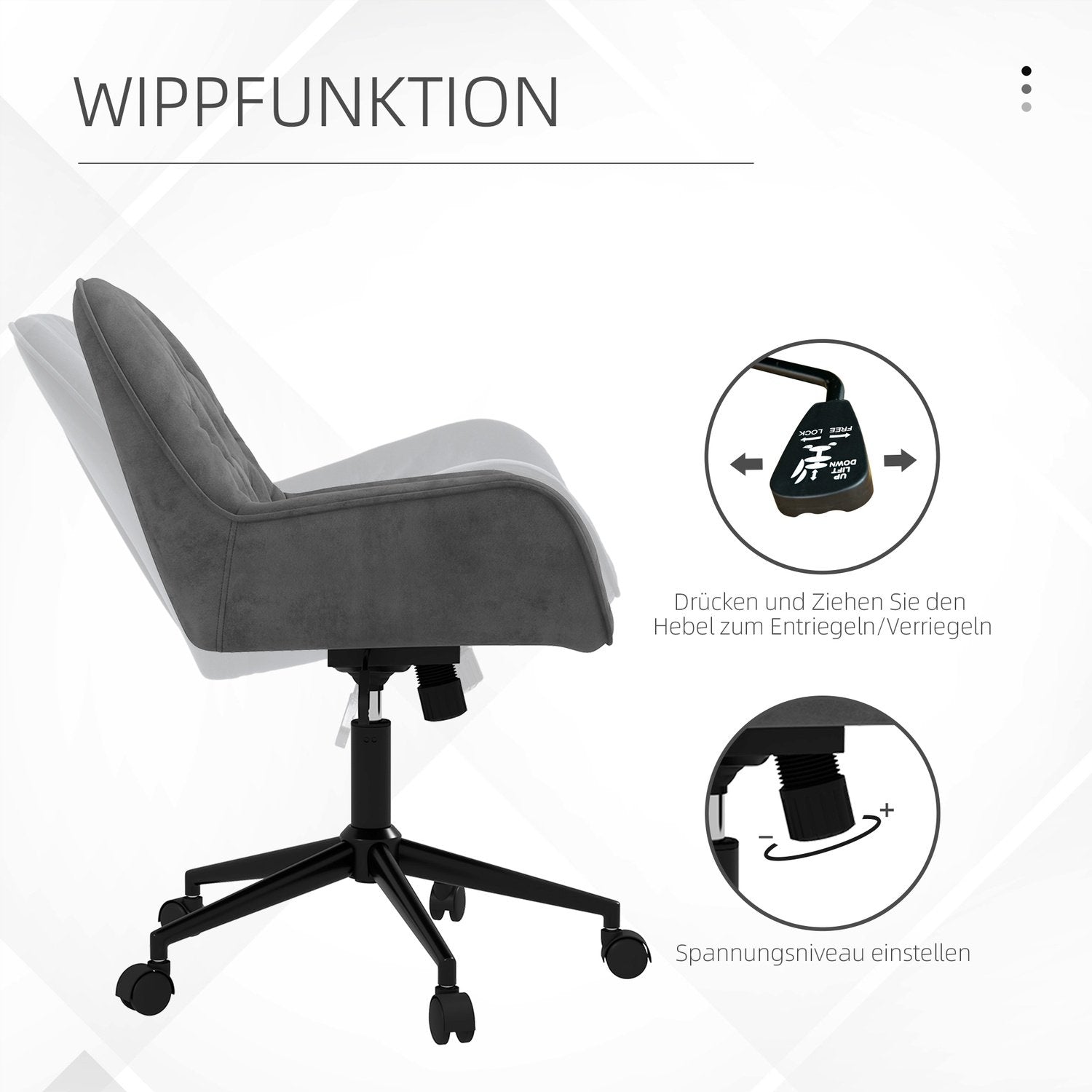 Kontorstol Skrivebordsstol med vippefunktion, hævet og sænket, ergonomisk, fløjlslook, mørkegrå