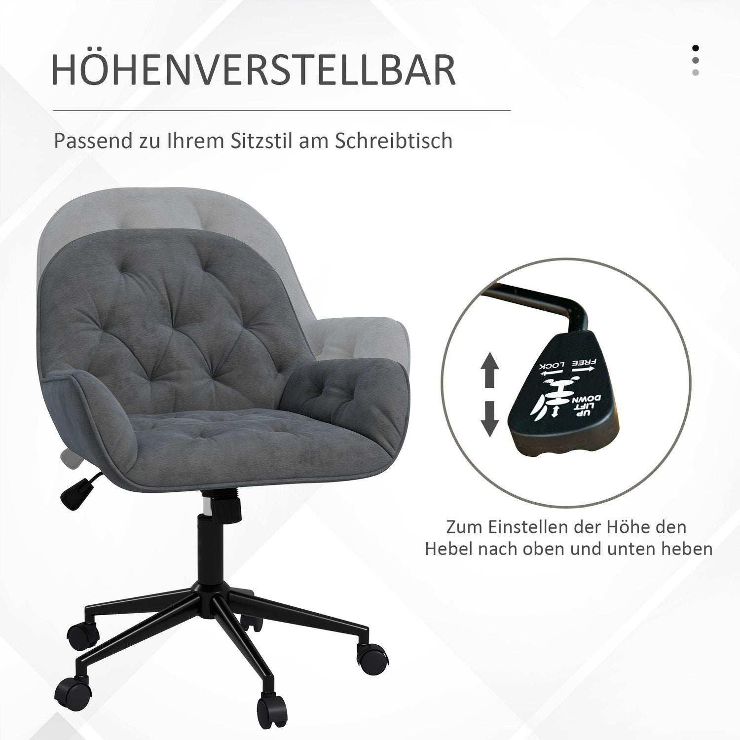 Kontorstol Skrivebordsstol med vippefunktion, hævet og sænket, ergonomisk, fløjlslook, mørkegrå