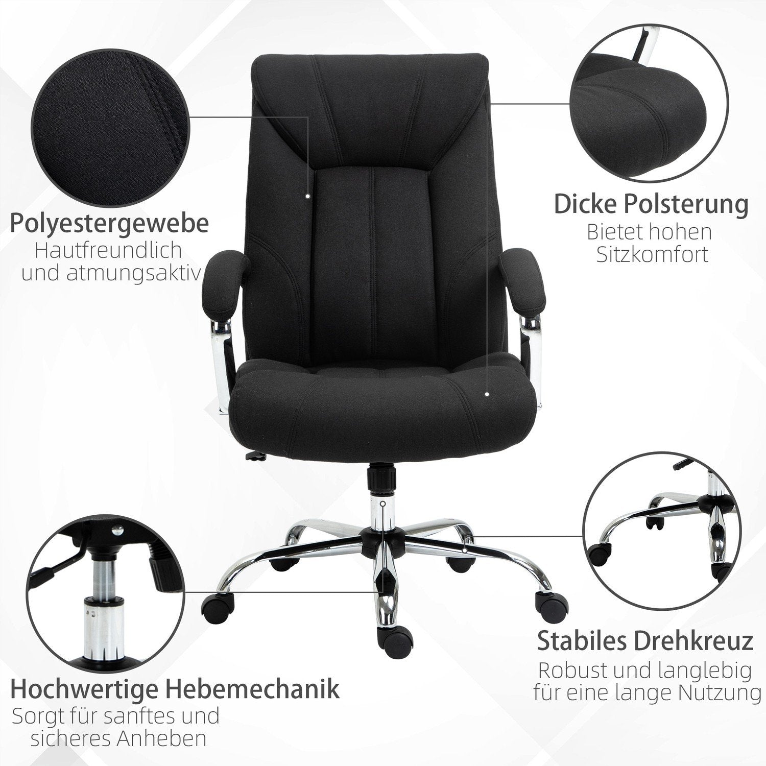 Kontorstol Ergonomisk drejestol med vippefunktion, polstret armlæn, nakkestøtte, sort, 65X78X110-120Cm