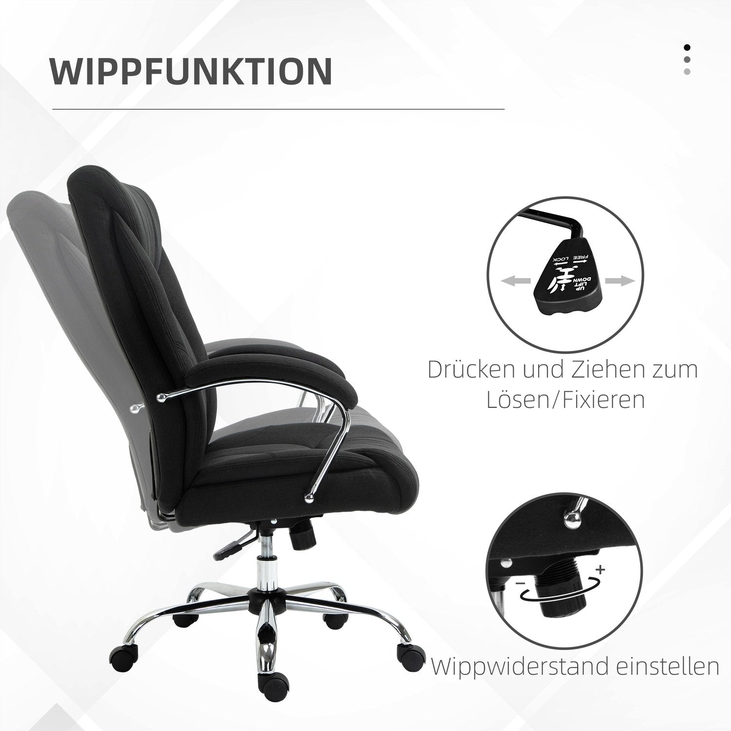 Kontorstol Ergonomisk drejestol med vippefunktion, polstret armlæn, nakkestøtte, sort, 65X78X110-120Cm