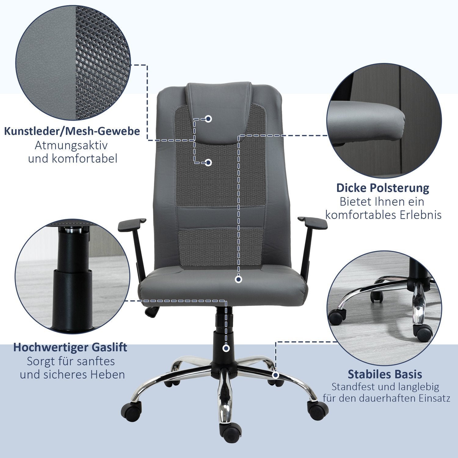 Kontorstol Executive Chair Højdejusterbar, Ergonomisk, Kunstlæder, Grå, 66X73X108-118 Cm