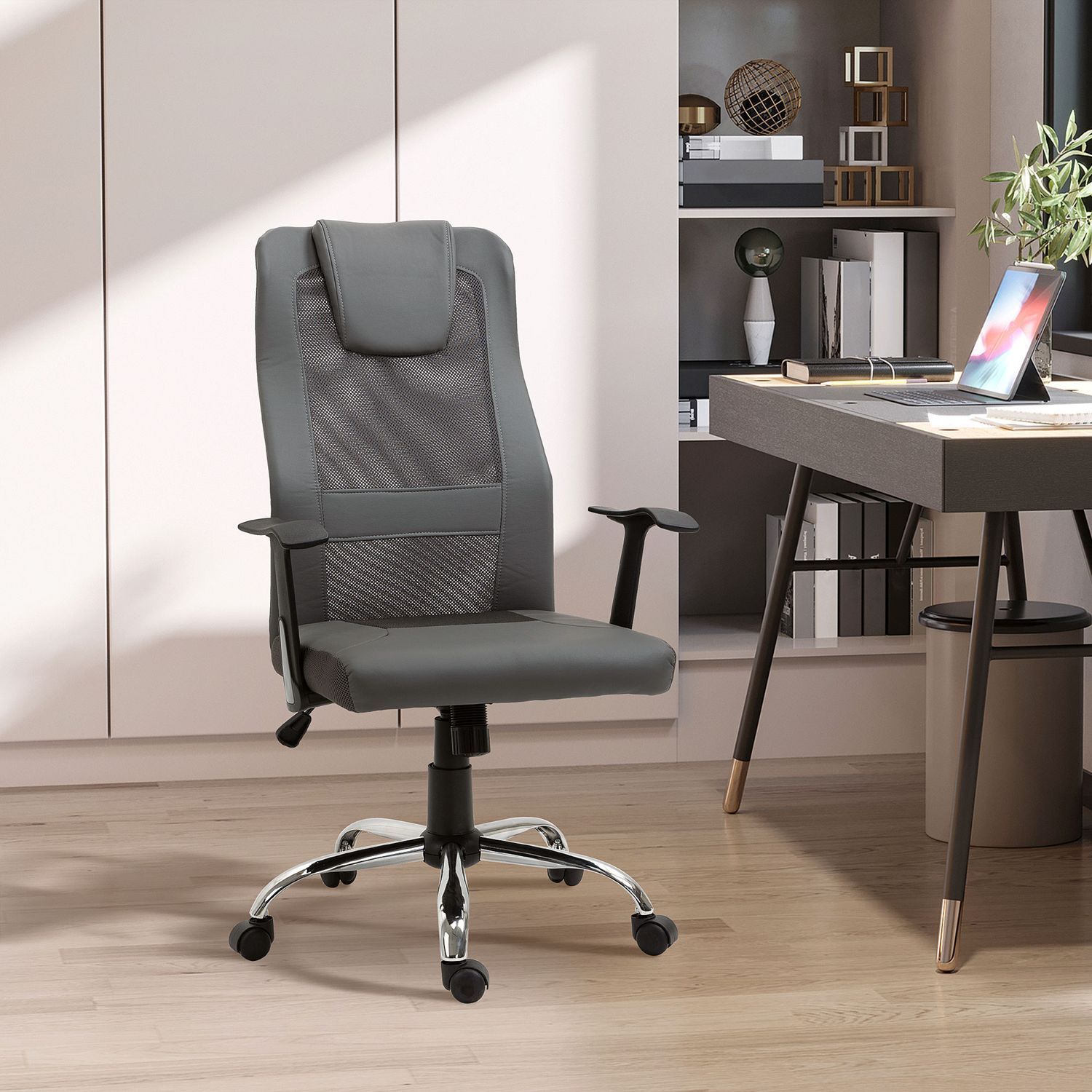 Kontorstol Executive Chair Højdejusterbar, Ergonomisk, Kunstlæder, Grå, 66X73X108-118 Cm