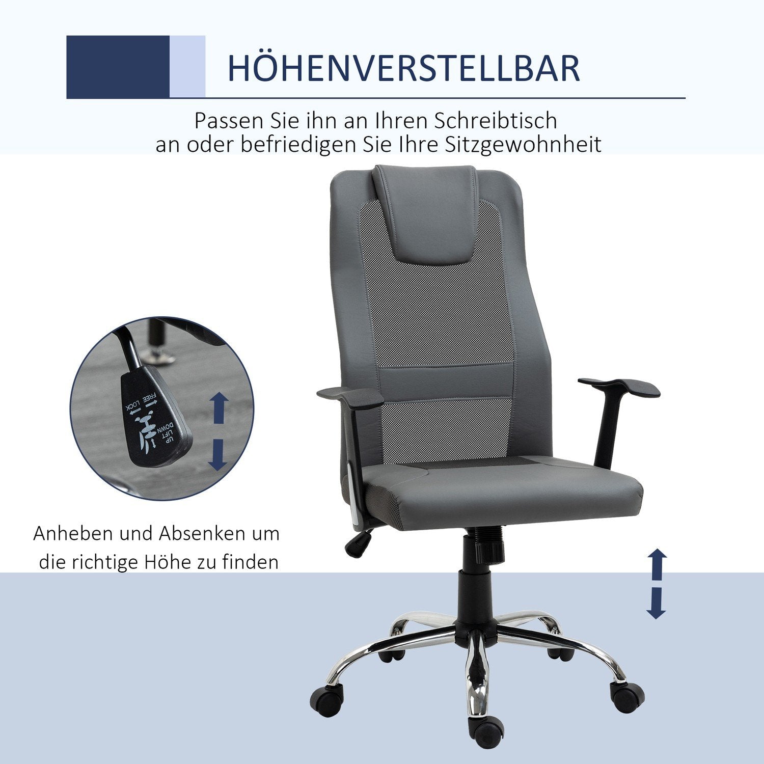 Kontorstol Executive Chair Højdejusterbar, Ergonomisk, Kunstlæder, Grå, 66X73X108-118 Cm