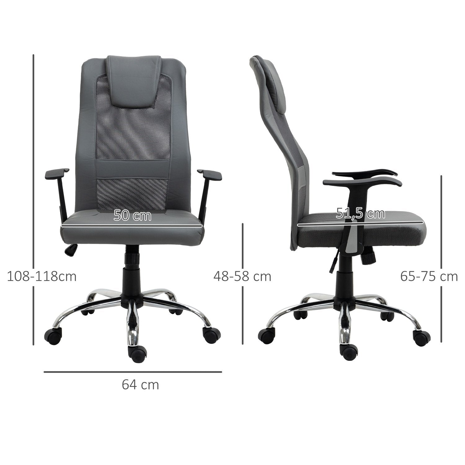 Kontorstol Executive Chair Højdejusterbar, Ergonomisk, Kunstlæder, Grå, 66X73X108-118 Cm