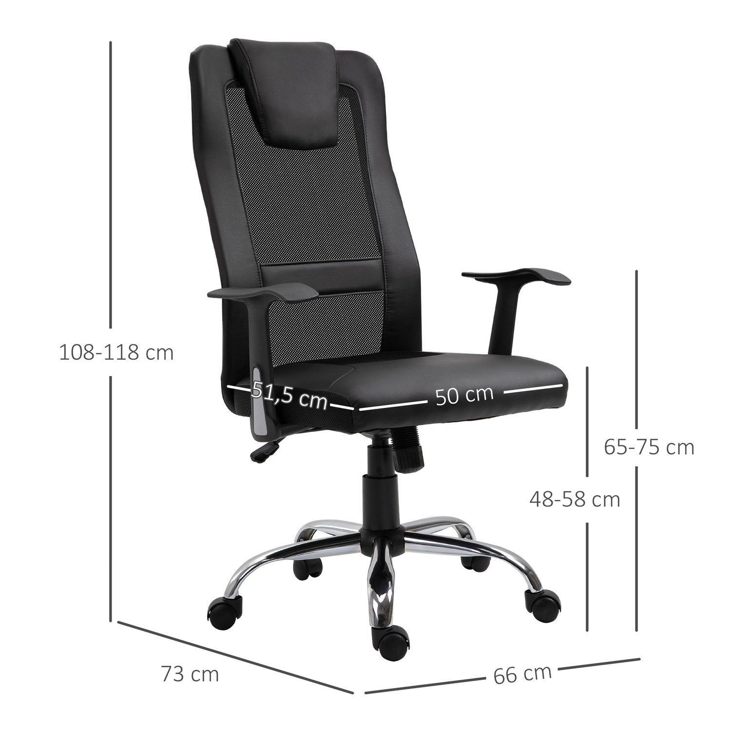 Kontorstol Ergonomisk drejestol, højdejusterbar, Pu læder, sort, 66X73X108-118 cm