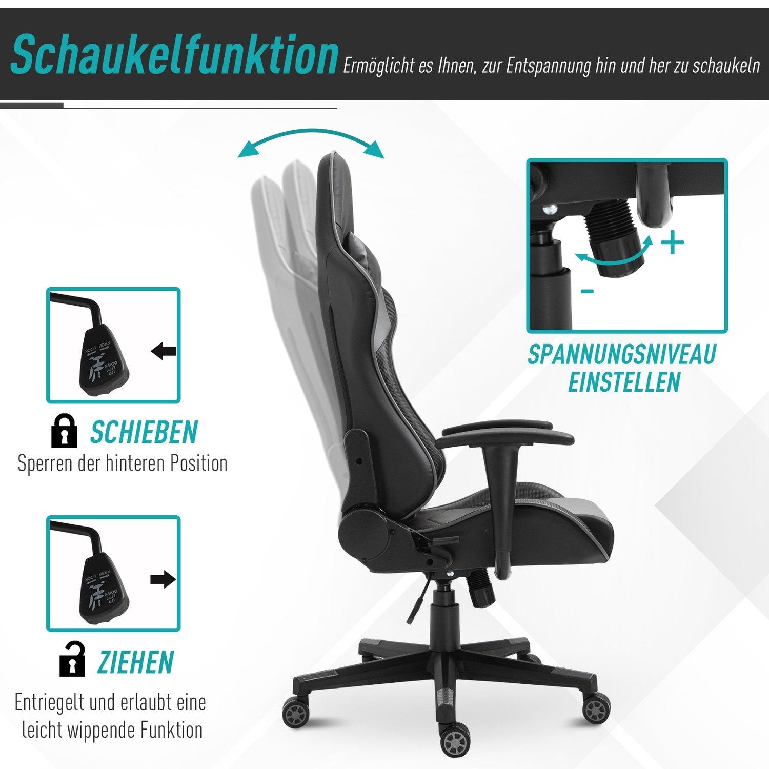 Ergonomisk kontorstol spillestol, drejestol lavet af kunstlæder og skum, sort, 67,5X74X126-136Cm