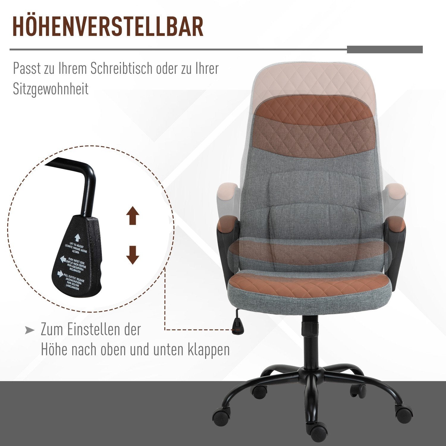 Gaming stol Drejestol, Kontorstol, Ergonomisk, Pu-læder, Stål, Grå + Brun, 60X70X109-119Cm