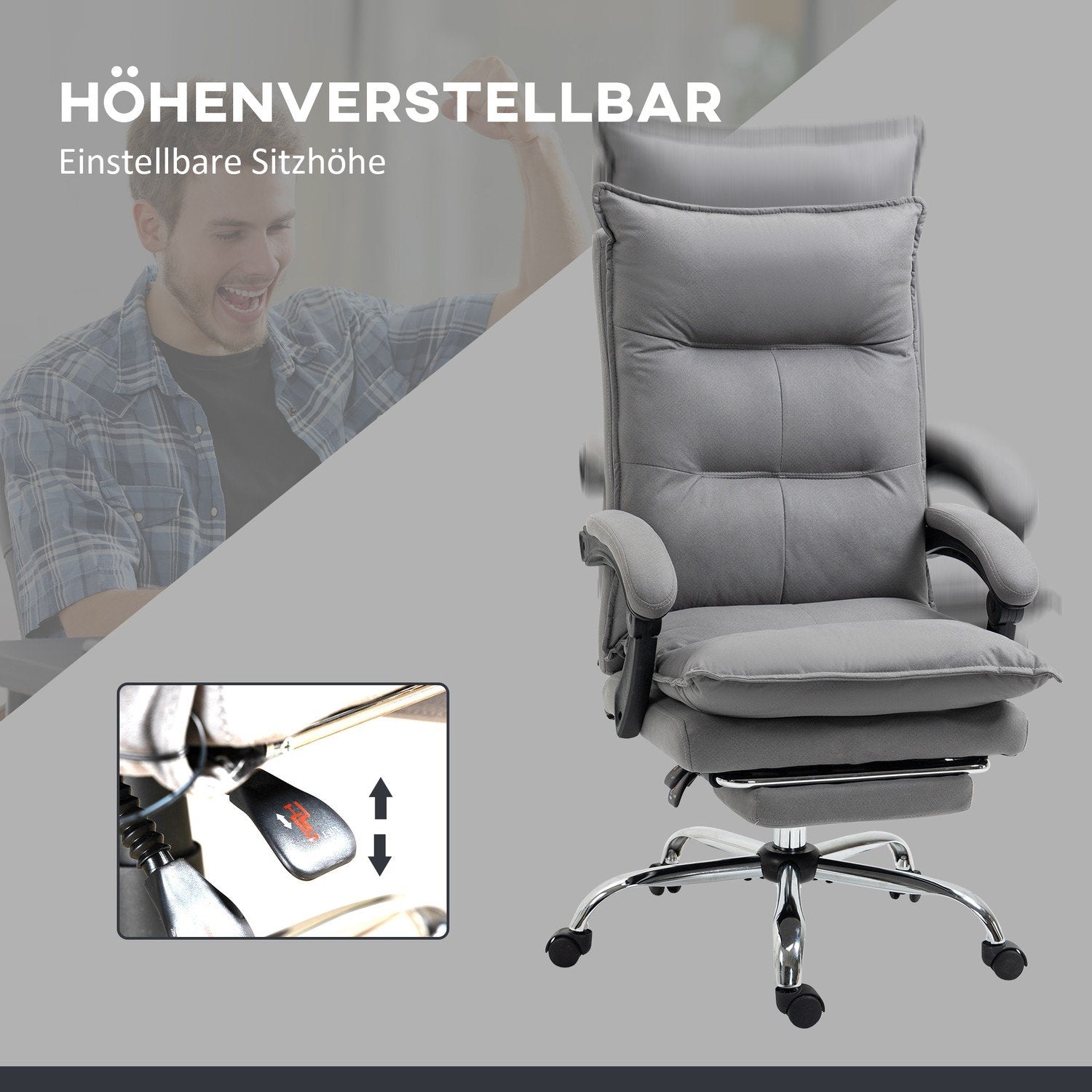 Massagekontorsstol Skrivbordsstol Med Vippfunktion, Höjdjusterbar 114-121,5Cm, Värmefunktion, Fotstöd, Liggfunktion