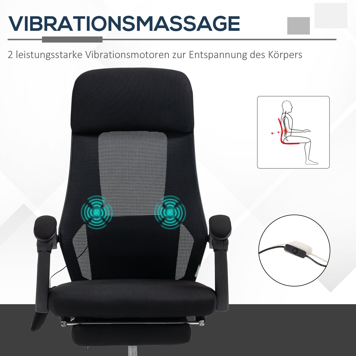 Kontorstol Massagestol Med 2 vibrationspunkter, Liggefunktion, Fodstøtte, Usb, Mesh stof