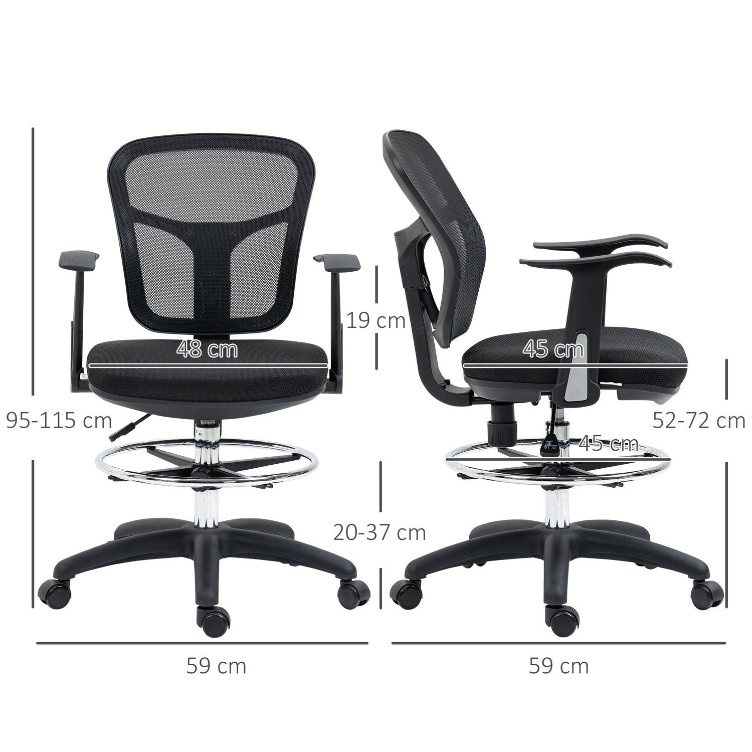 Kontorstol, Ergonomisk Tegnestol, 95-115 Cm Computerstol Med Armlæn, Skrivebordsstol Med Fodstøtte, Mesh, Sort