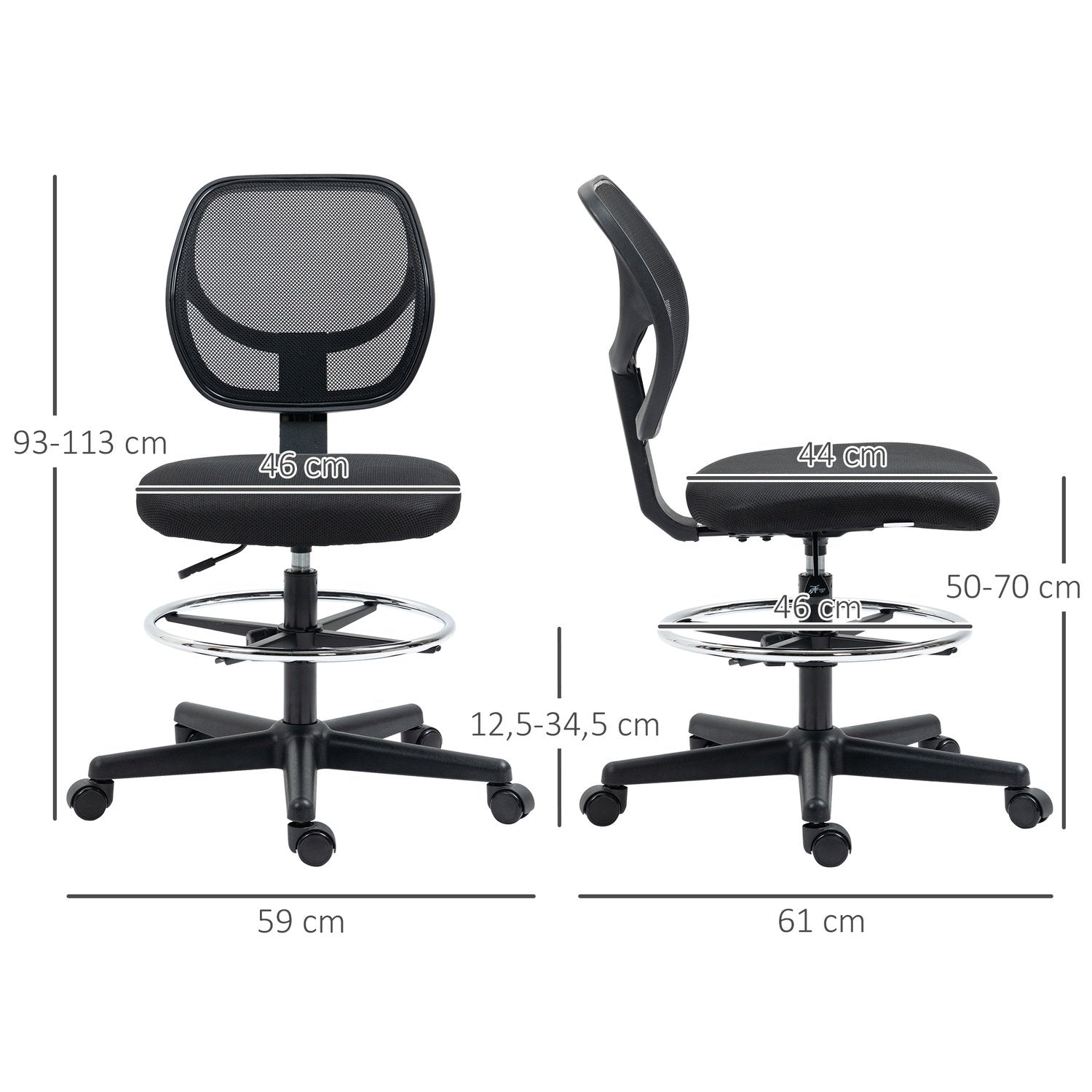 Kontorstol Ergonomisk drejestol med justerbar fodring, højdejusterbar 93-113 cm, hjul, sort