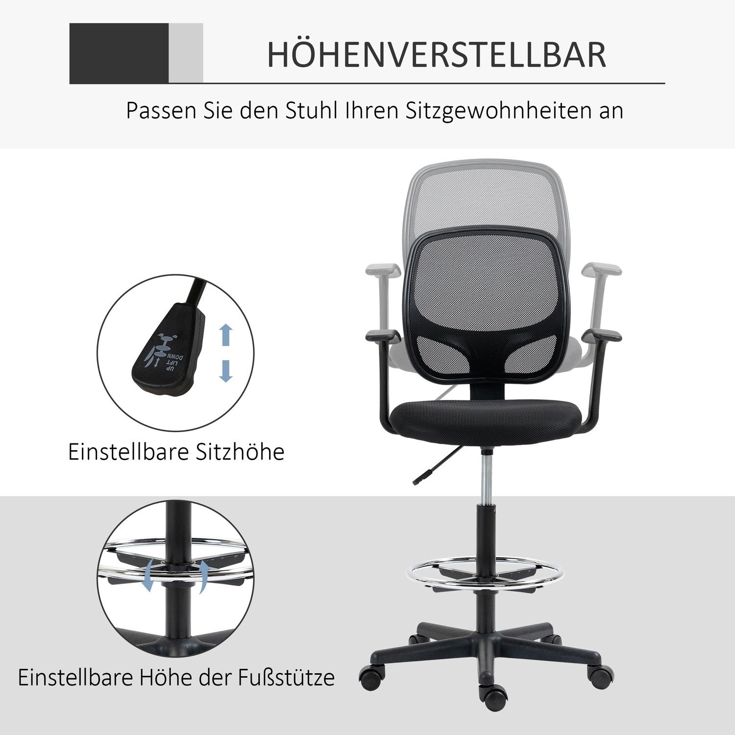 Ergonomisk kontorstol, skrivebordsstol, drejestol, tegnestol, justerbar fodring, op til 120 kg, sort, 60X56X110-132 cm