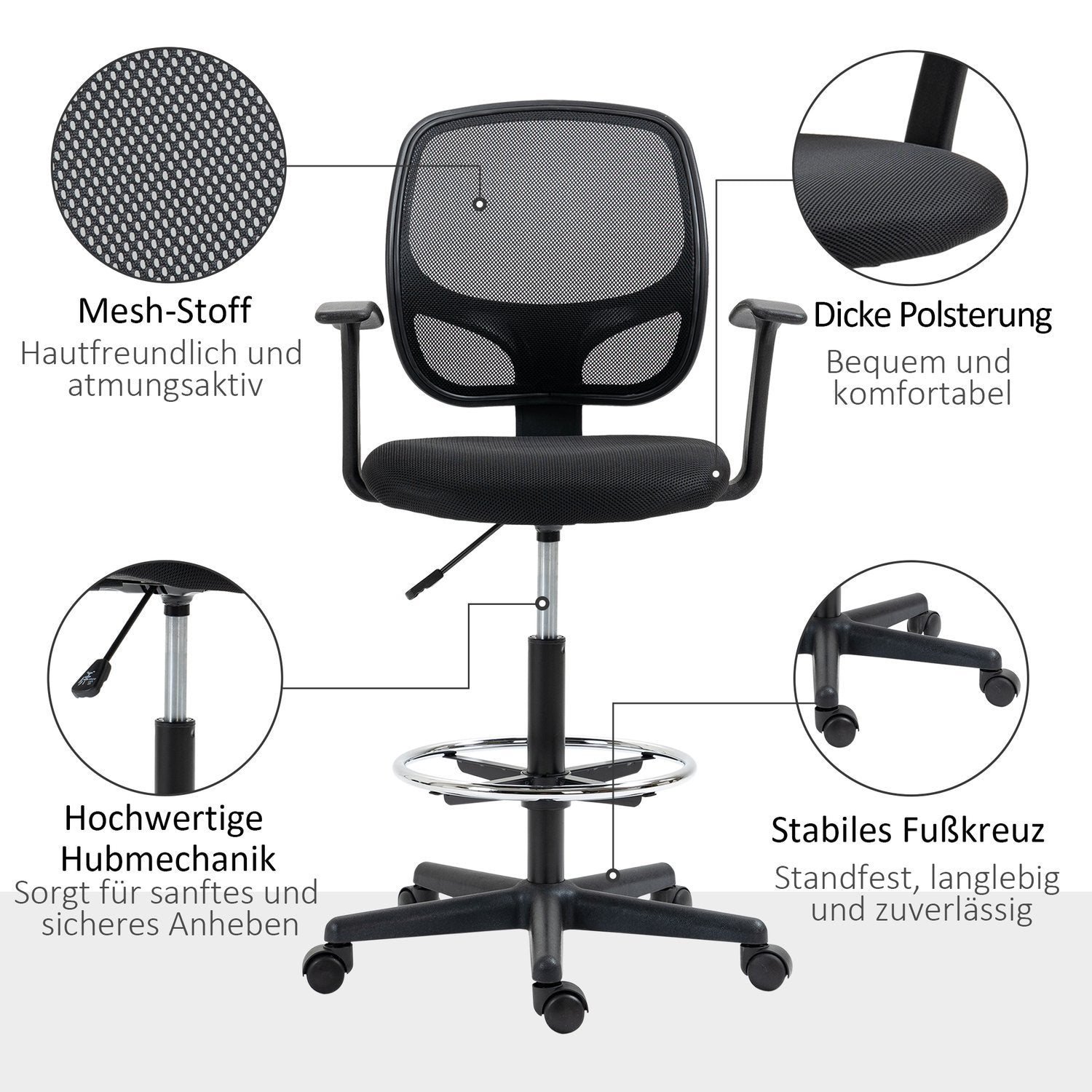 Ergonomisk kontorstol, skrivebordsstol, drejestol, tegnestol, justerbar fodring, op til 120 kg, sort, 60X56X110-132 cm