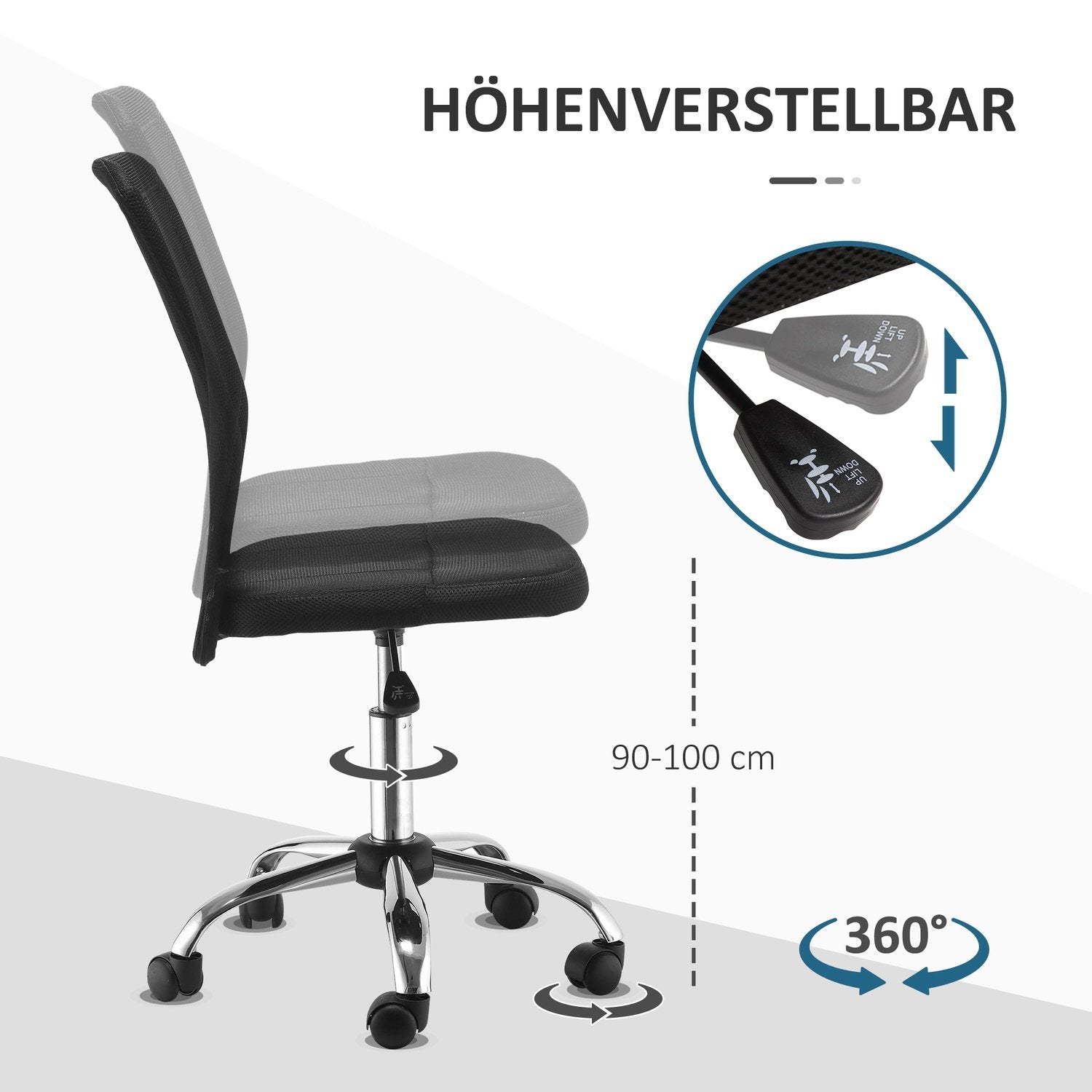 Kontorstol Ergonomisk hævet og sænket skrivebordsstol, 360° med åndbart ryglæn, bæreevne op til 100 kg, sort