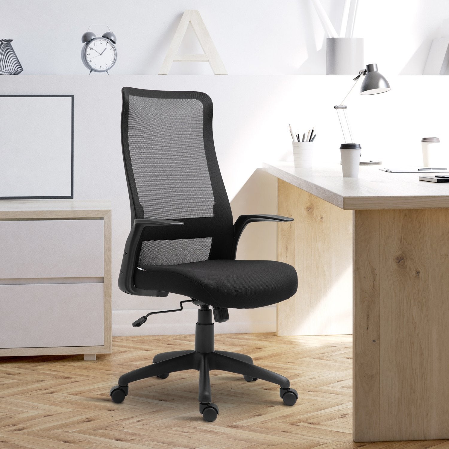 Kontorstol Drejestol Skrivebordsstol Højdejusterbar Ergonomisk 360° drejelige hjul Kontorskum Nylon Sort