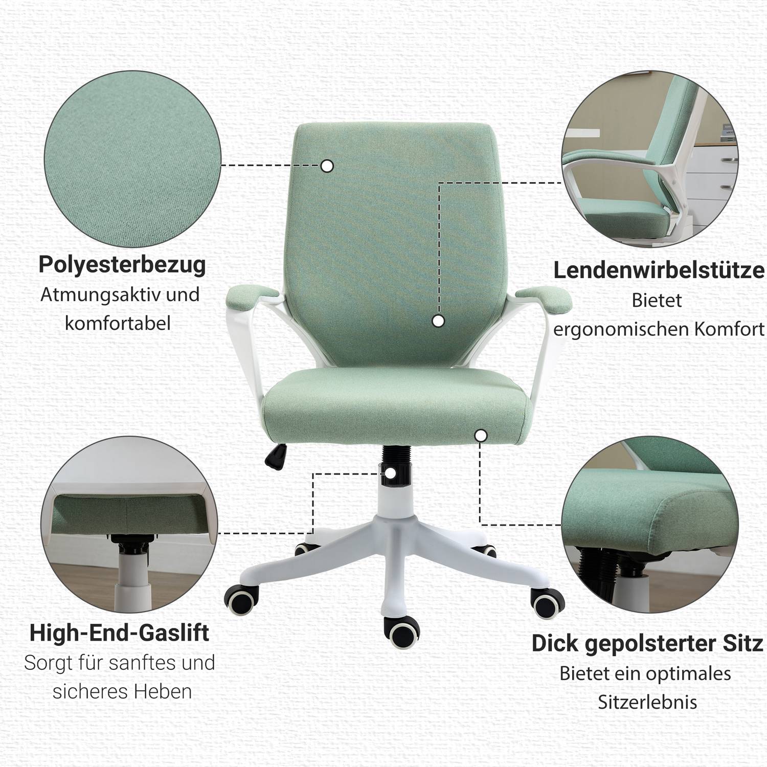 Kontorstol Skrivebordsstol med vippefunktion Ryglæn Tykt polstret Ergonomisk 360° drejelige hjul Polyester Grøn + Hvid 62X69X92-100 Cm