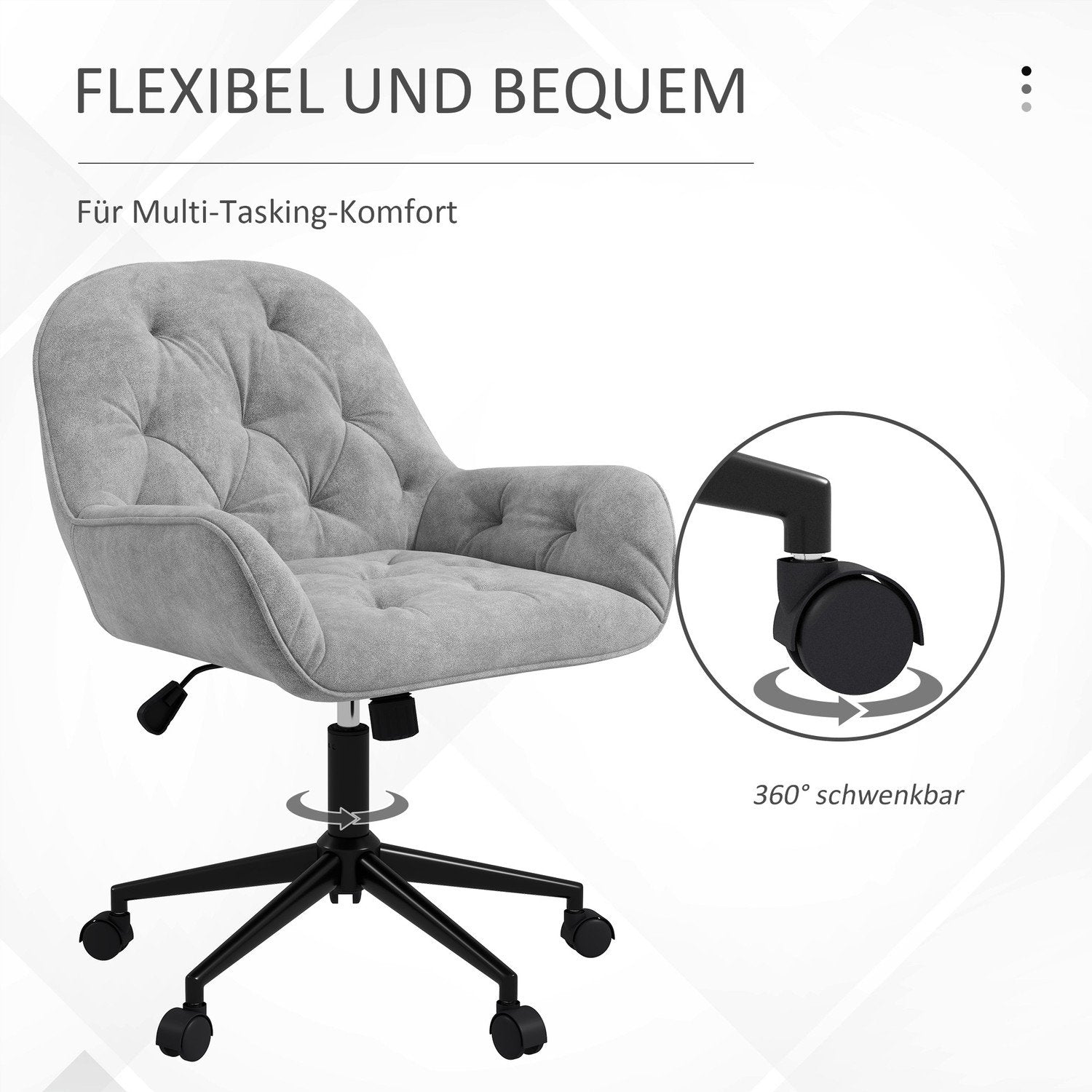 Kontorstol Skrivebordsstol med vippefunktion, computerstol hævet og sænkbar, ergonomisk arbejdsstol med fløjlslook, lysegrå