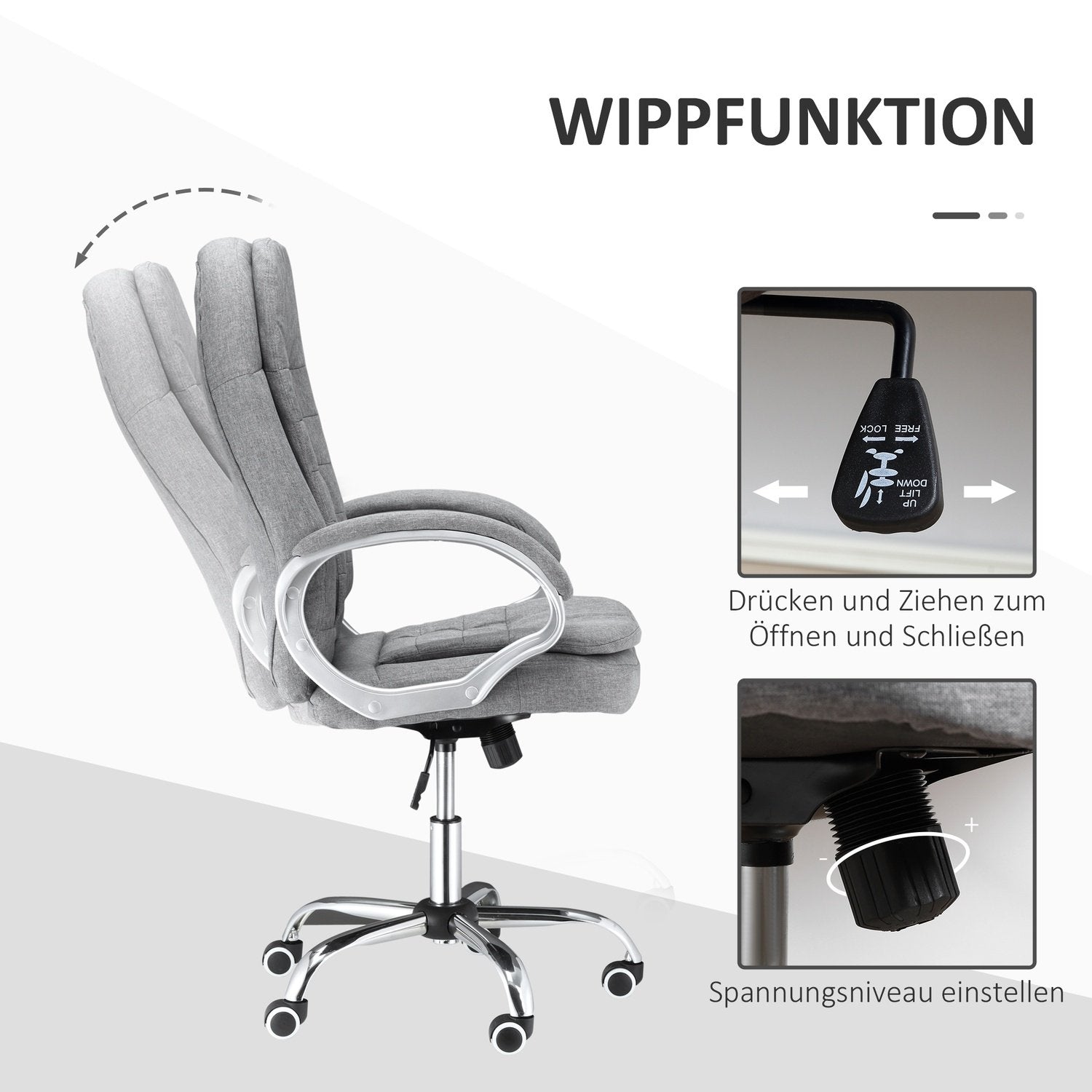 Kontorstol Arbejdsstol med 360° rotation, ergonomisk, vippefunktion, hævet og sænkbar, gråt hør, 64X75X111-121 cm