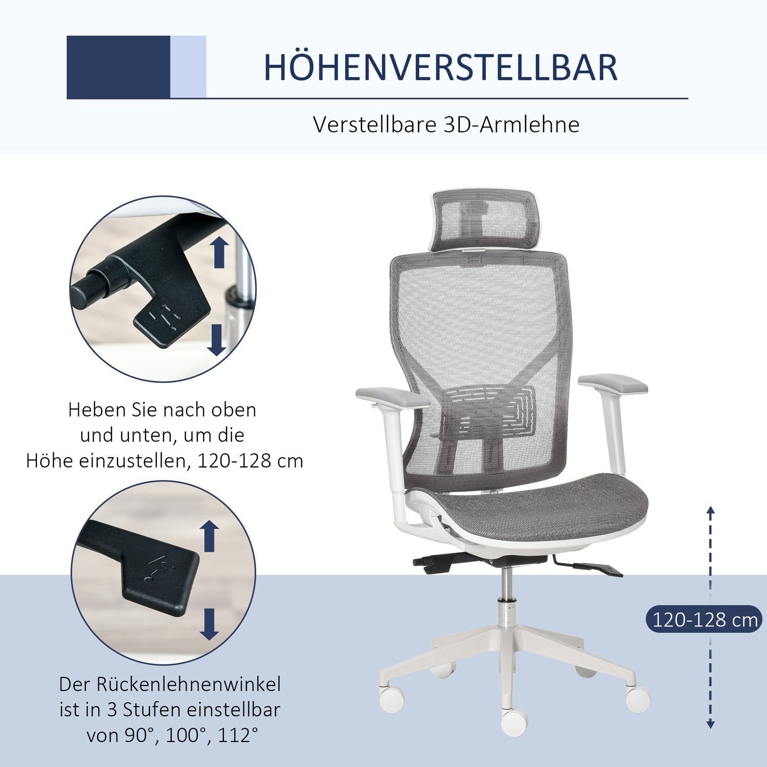 Kontorstol Skrivebordsstol Drejestol Gamingstol med nakkestøtte Lændestøttepude 3D armlæn 3 niveauer 360° drejelige hjul Højdejusterbar Ergonomisk