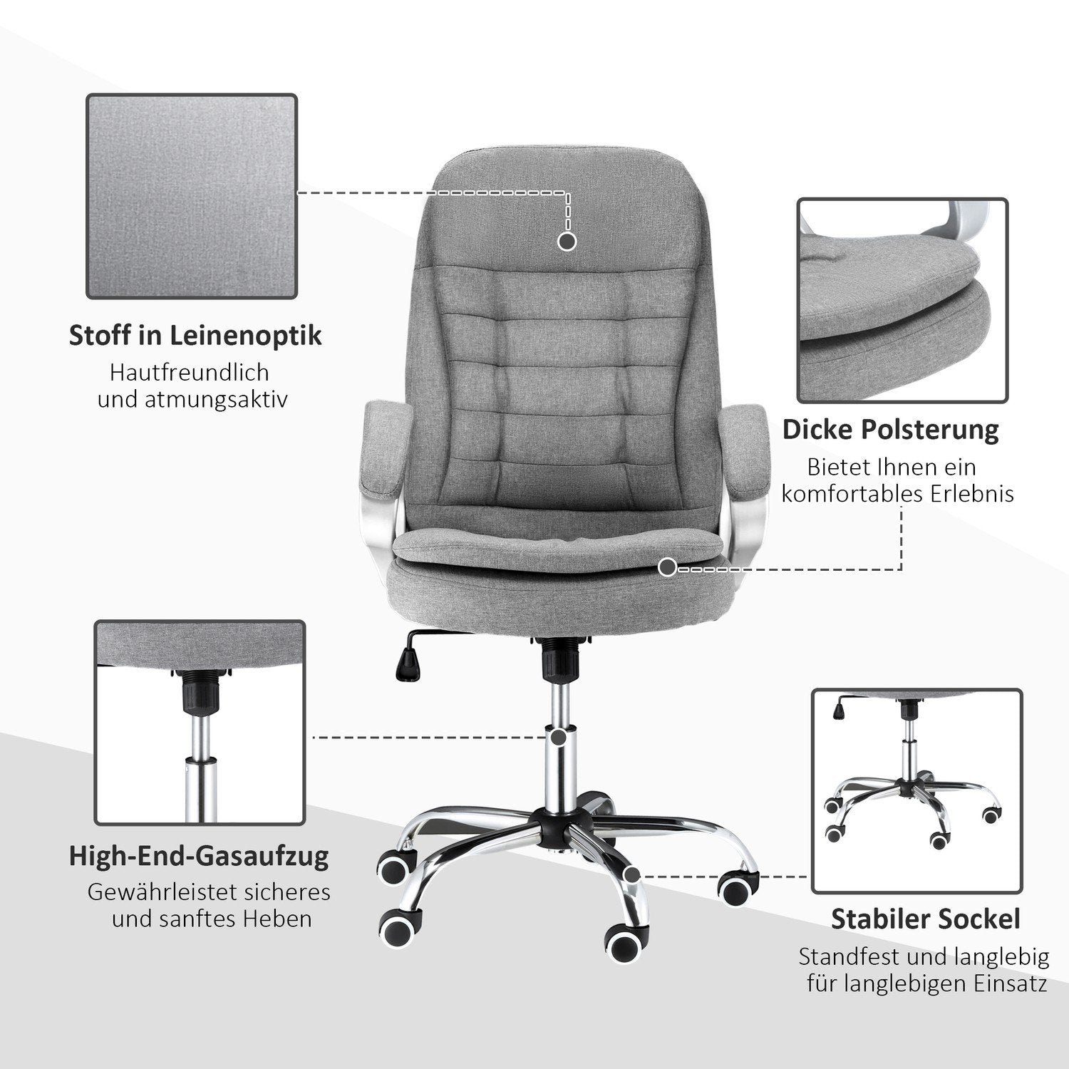 Kontorstol Arbejdsstol med 360° rotation, ergonomisk, vippefunktion, hævet og sænkbar, gråt hør, 64X75X111-121 cm