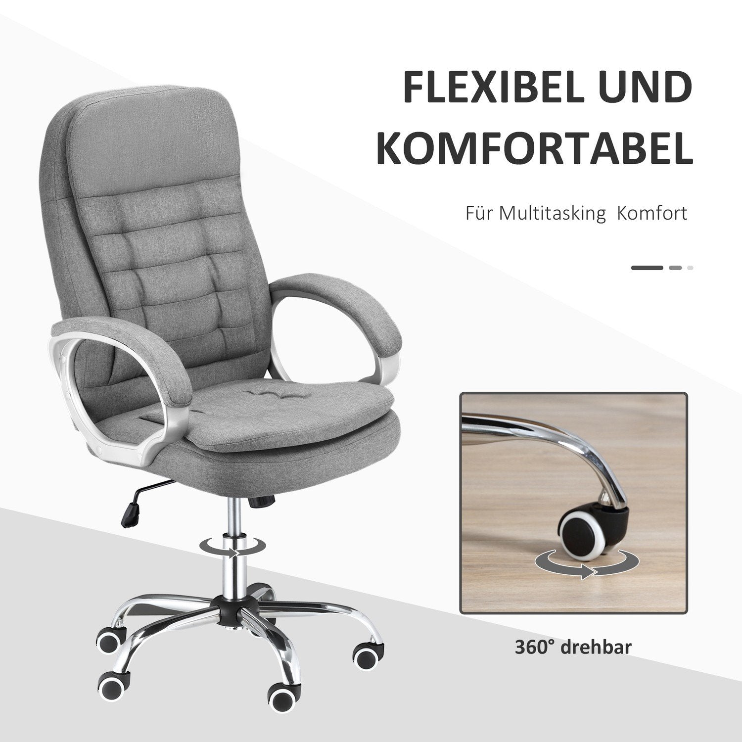 Kontorstol Arbejdsstol med 360° rotation, ergonomisk, vippefunktion, hævet og sænkbar, gråt hør, 64X75X111-121 cm