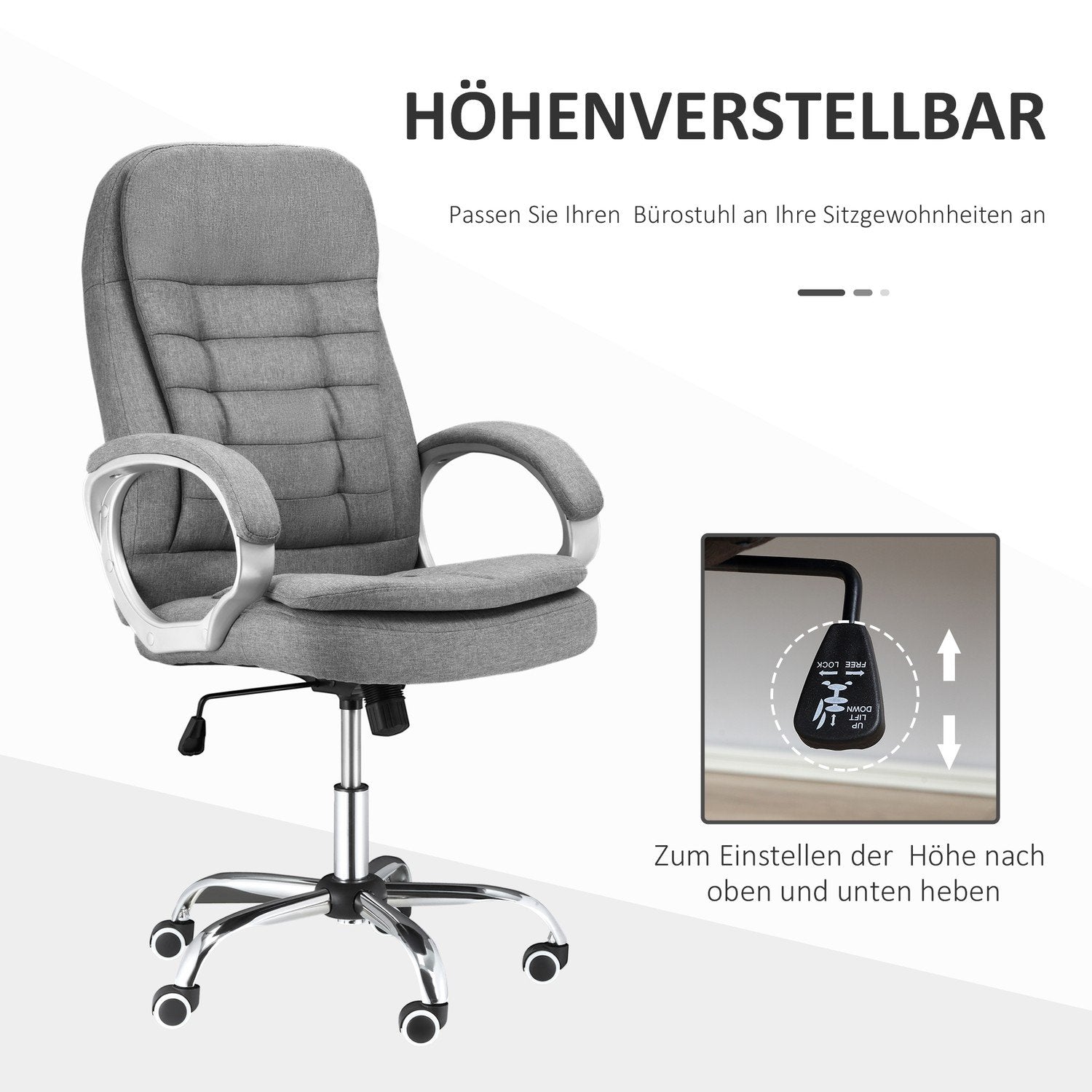 Kontorstol Arbejdsstol med 360° rotation, ergonomisk, vippefunktion, hævet og sænkbar, gråt hør, 64X75X111-121 cm