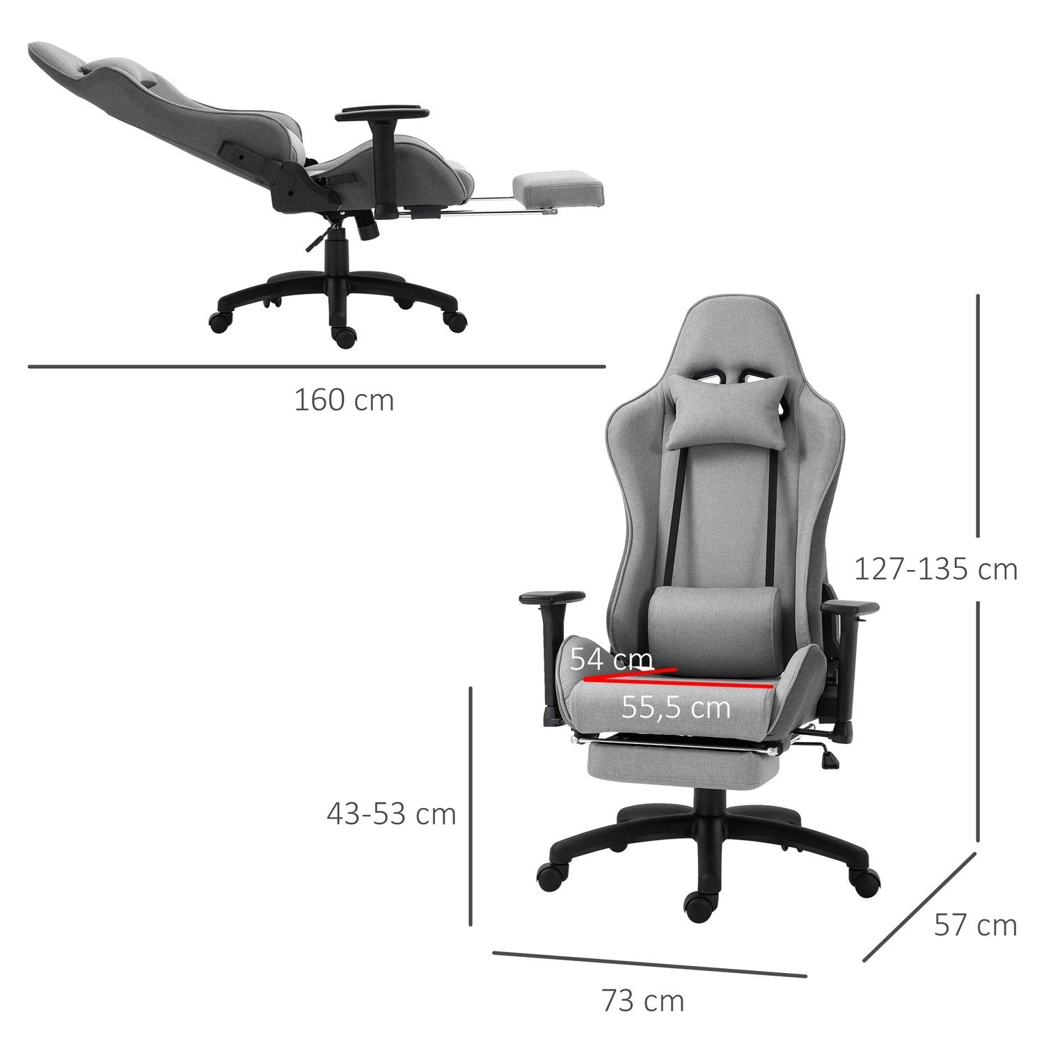 Kontorstol Computerstol Drejestol Ergonomisk Med aftageligt hoved og lændepude Vippefunktion Grå 73X57X127-135 Cm