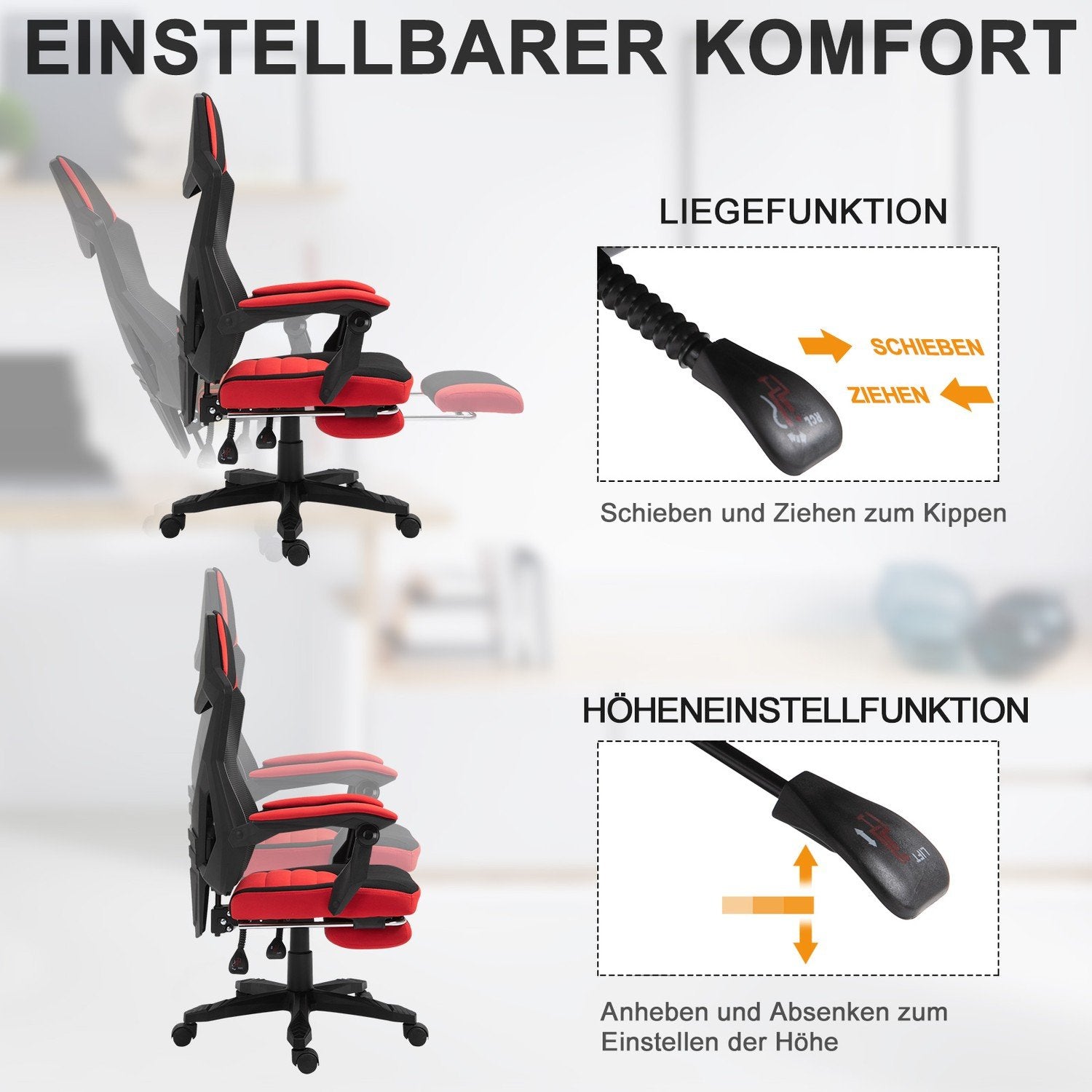 Gaming Stol Skrivebordsstol Ergonomisk Kontorstol Med Fodstøtte Højdejusterbar Polyester Sort + Rød 58 X 72 X 112-122 Cm