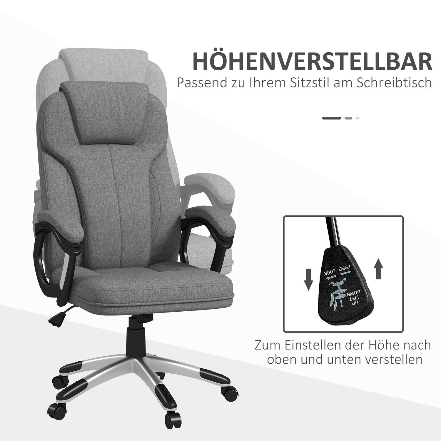 Kontorstol Ergonomisk computerstol med vippefunktion, højdejusterbar, nakkestøtte, armlæn, grå, hørlook, 66X75X110-120Cm