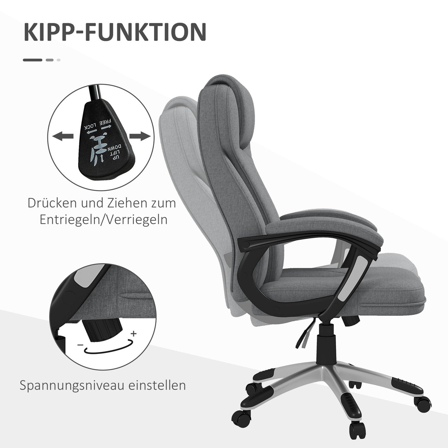 Kontorstol Ergonomisk computerstol med vippefunktion, højdejusterbar, nakkestøtte, armlæn, grå, hørlook, 66X75X110-120Cm