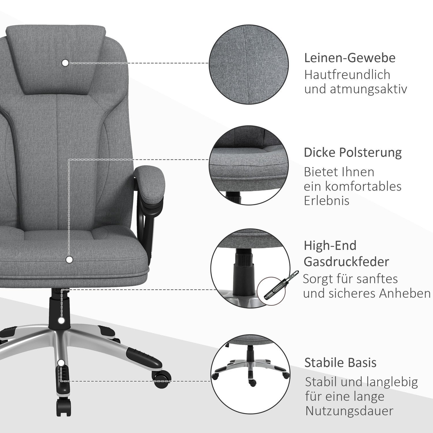 Kontorstol Ergonomisk computerstol med vippefunktion, højdejusterbar, nakkestøtte, armlæn, grå, hørlook, 66X75X110-120Cm