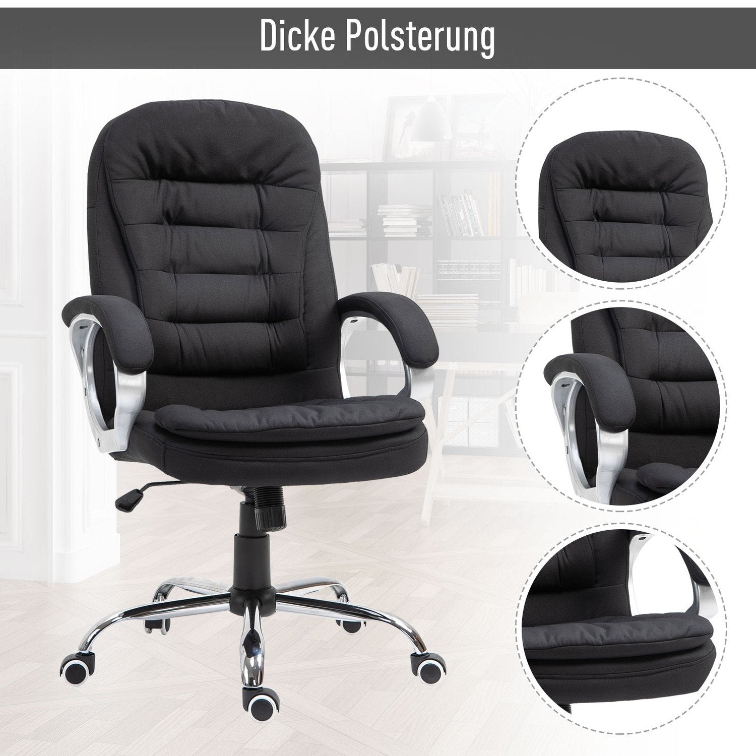 Office Chair Skrivbordsstol Med 360° Rotation, Ergonomisk, Vippfunktion, Höjdjusterbar, Svart Linne, 64X75X111-121 Cm