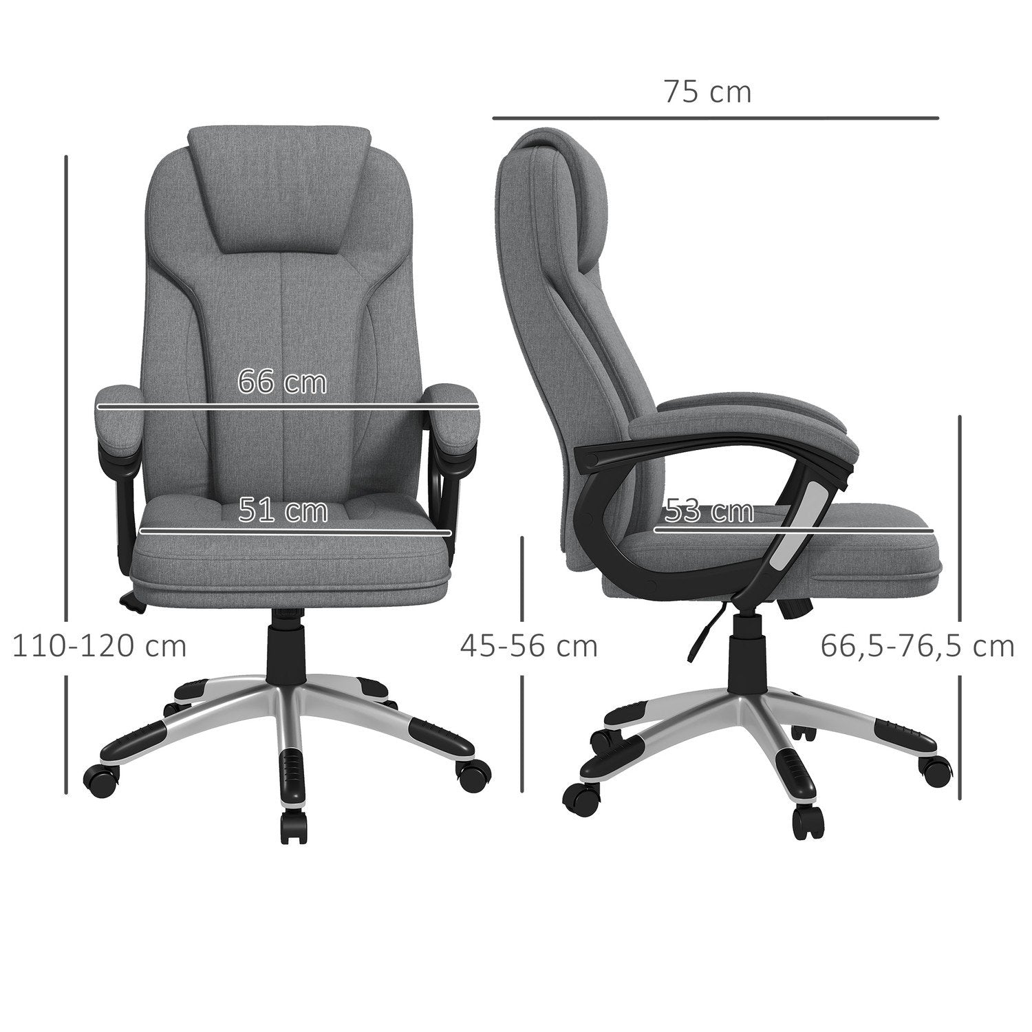 Kontorstol Ergonomisk computerstol med vippefunktion, højdejusterbar, nakkestøtte, armlæn, grå, hørlook, 66X75X110-120Cm