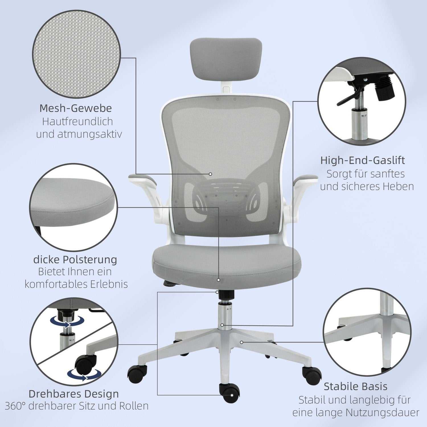 Kontorstol Ergonomisk stol med vippefunktion Høj ryglæn til nakkestøtte, foldbar Grå 65 X 64 X 114-122 Cm